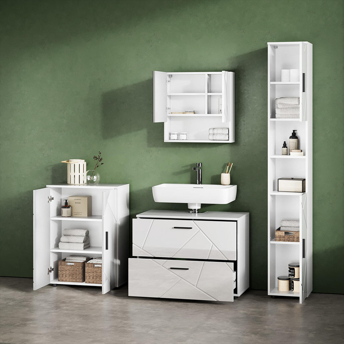 BADMÖBEL-SET Ronco Weiß Hochglanz 4 Teile, mit Schubladenschrank und Midischrank - Weiß Hochglanz/Weiß, Holzwerkstoff (80/58/41cm) - Livinity®