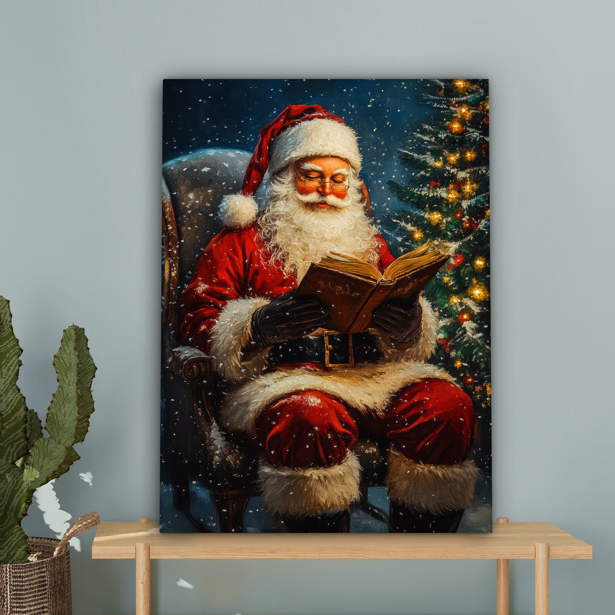 LEINWANDBILD Weihnachtsmann - Weihnachten - Winter - Weihnachtsbaum Wandbild Wohnzimmer 60x80 cm - Bordeaux, Textil (60/80cm) - MuchoWow