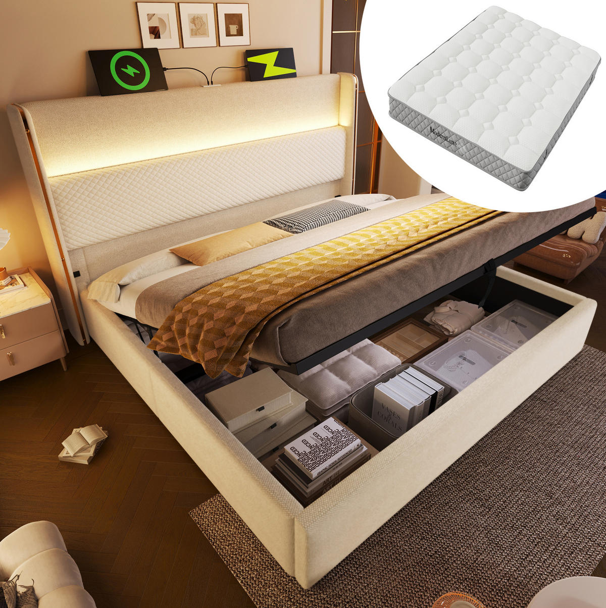 ČALÚNENÁ posteľ z ľanu 160x200 cm béžová s LED osvetlením, USB/Type-C a hydraulickým úložným priestorom - béžová, textil (160/200cm) - Modfu