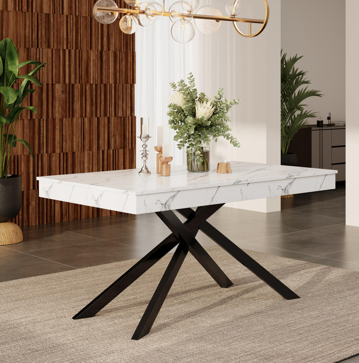 ESSTISCH aus MDF 180x80x76 cm Weiß ausziehbar mit 93 mm Tischplatte und Kreuzbeinen - Weiß, Holzwerkstoff (180/80/76cm) - Modfu