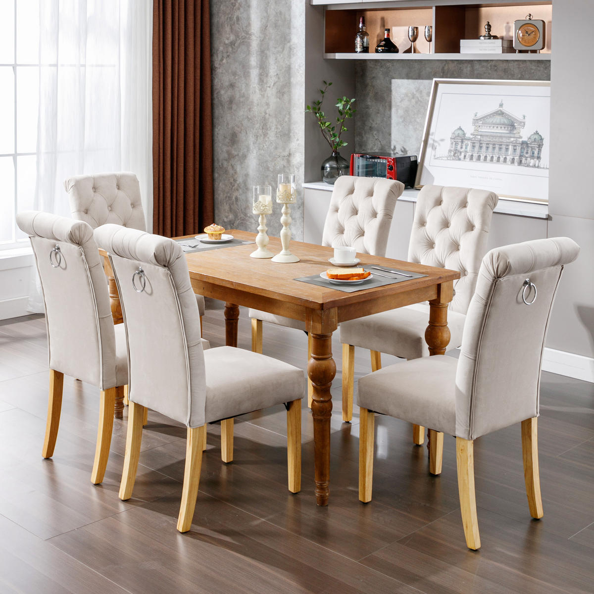 STUHL-SET DE-35663 6 Stück mit Knopfakzenten und Eichenbeinen Beige - Beige, Holz (43/100/63cm) - ComfortXL