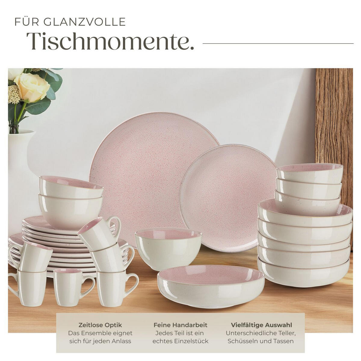 KOMBISERVICE Mare, ineinander stapelbar, rosa - Rosa, Keramik (26.5/2.5/26.5cm) - tectake