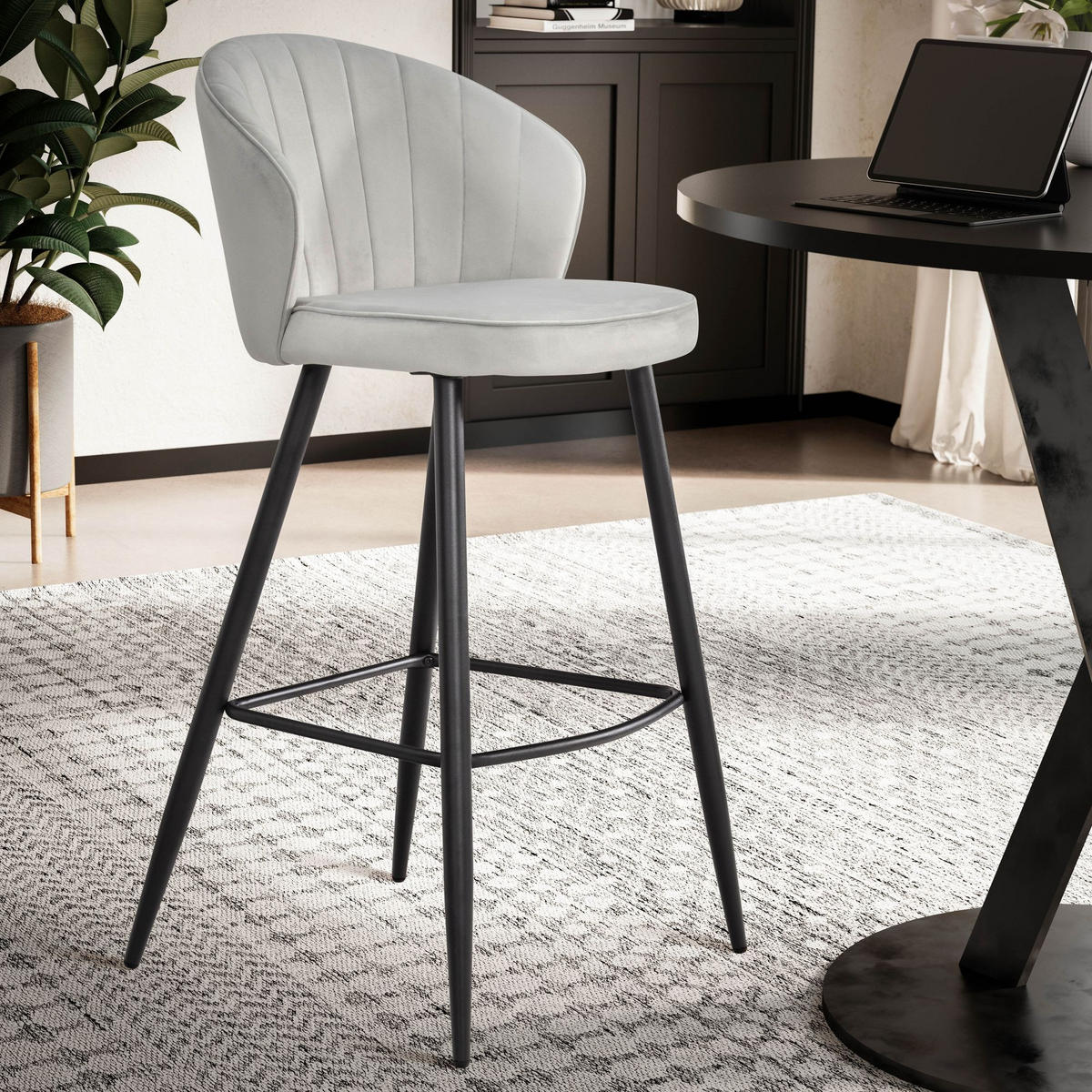 BARHOCKER Samt Lehne Skandi-Stil Stoff Metall Gepolstert, Grau 53x56x103 cm - Schwarz/Grau, Textil/Metall (53/103/56cm) - KADIMA DESIGN