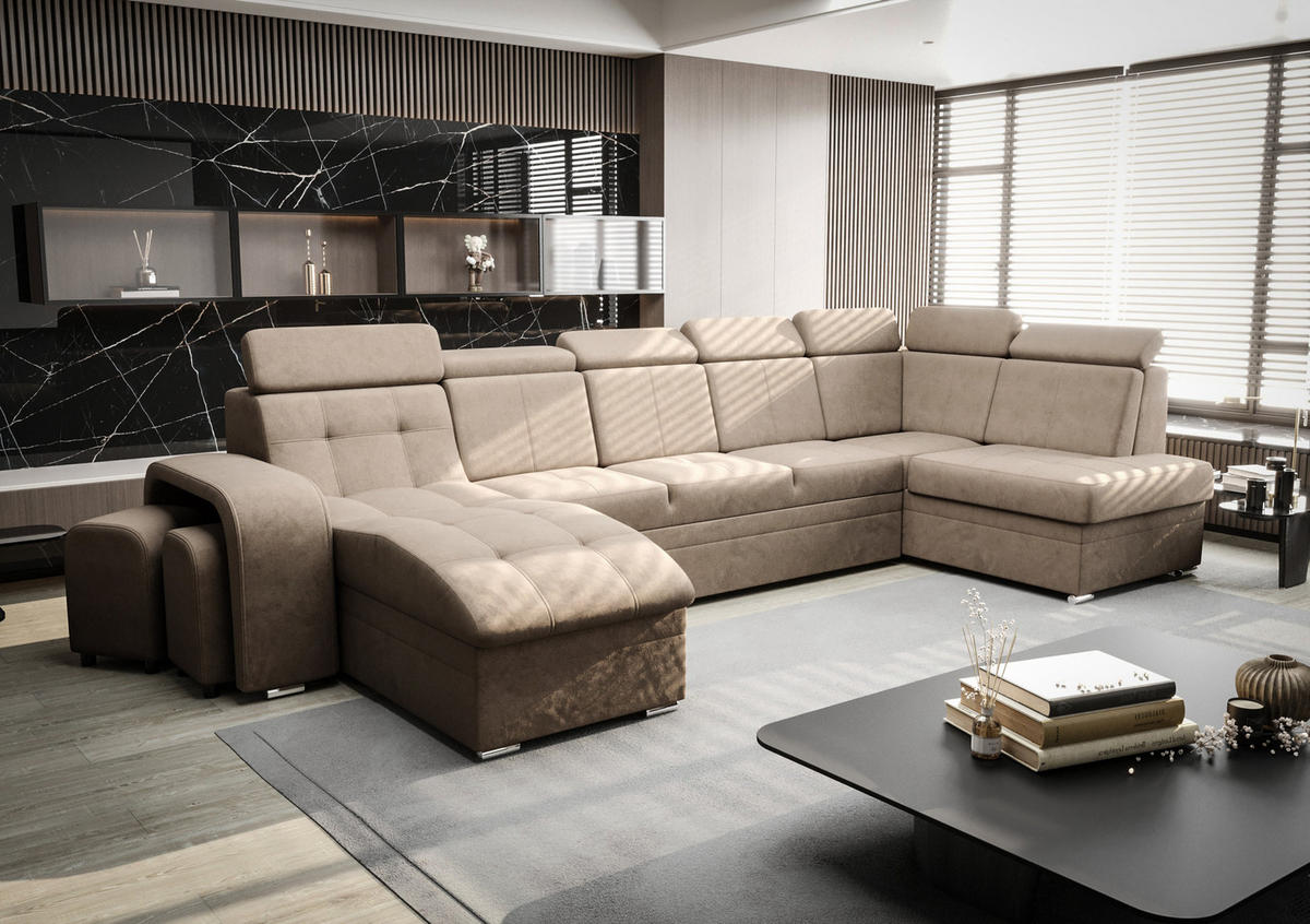 WOHNLANDSCHAFT KONGO RBN13, Eckcouch in U-Form mit Schlaffunktion, Farbe: Beige, Velourstoff, Ottomane Links - Beige, Textil (392/108/180cm) - O-Sofa