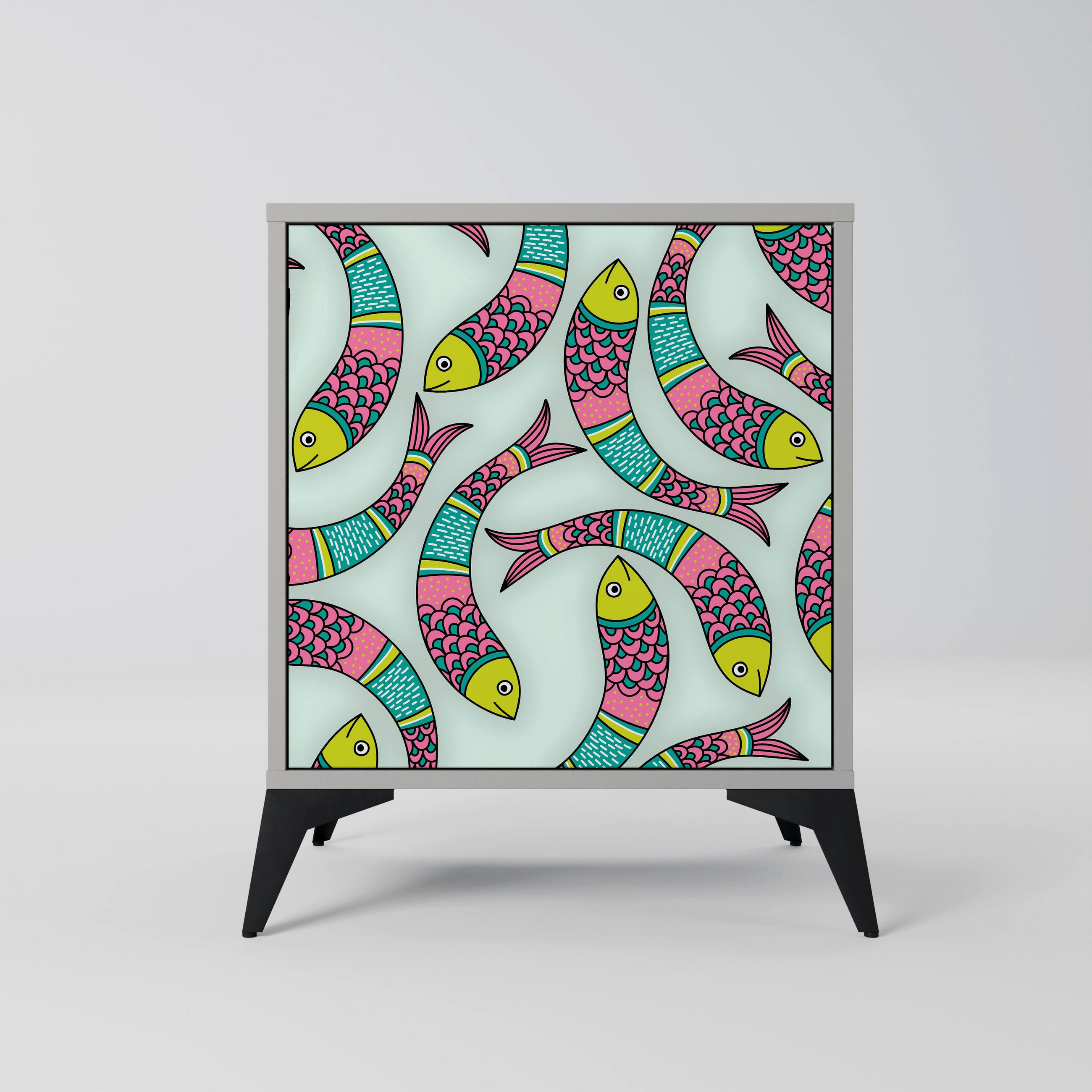 SIDEBOARD INDIAN FISH, Grau, 57,5x42x70,5 cm, Schwarze Metall-Sternfüße - Multicolor/Schwarz, Holzwerkstoff/Metall (57.5/70.5/42cm) - SpaceRebels