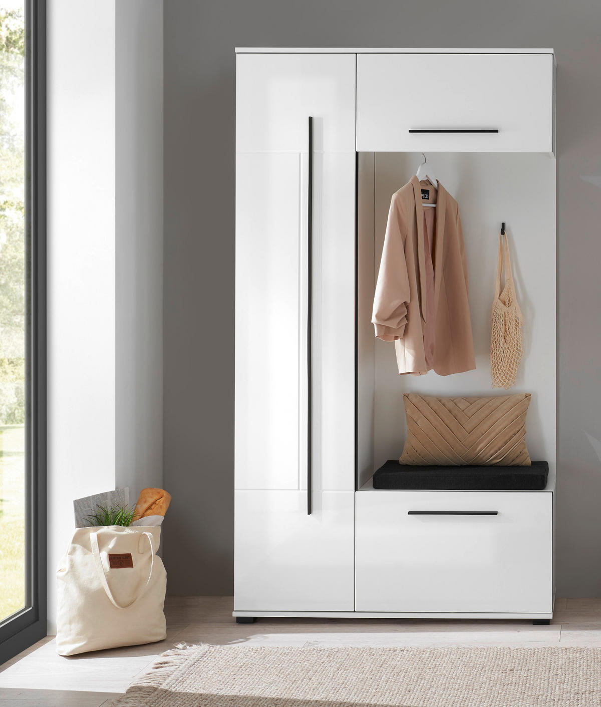 KOMPKATGARDEROBE weiß Hochglanz 111 x 200 cm, Garderobe mit Soft-Close - Weiß Hochglanz/Schwarz, Holzwerkstoff/Kunststoff (111/200/37cm) - Furn.Design