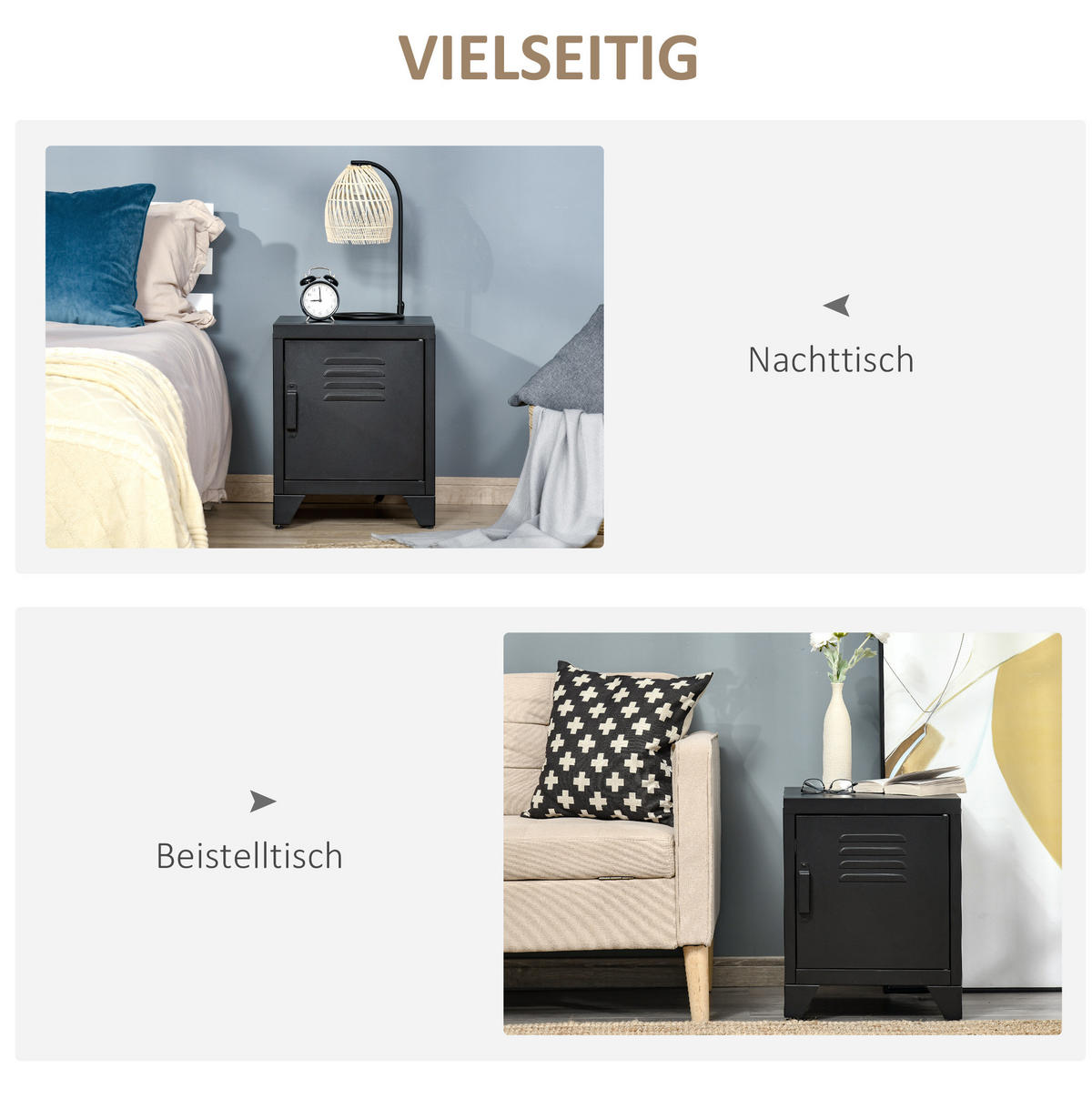 NACHTTISCH 40/40/50 cm im Industrial-Look mit Tür & verstellbarem Regal - Schwarz, Metall (40/50/40cm) - BEAOK