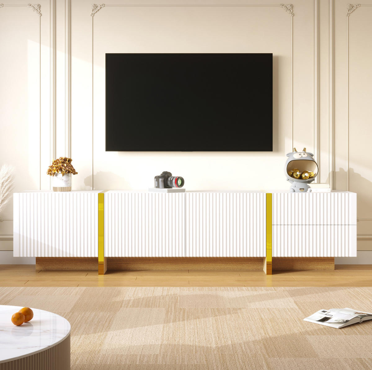 LOWBOARD 190/35/45 cm in Weiß/Gold aus MDF und Spanplatte mit 3 Türen und 2 Schubladen - Weiß, Holzwerkstoff (35/45/190cm) - OKMYHOME