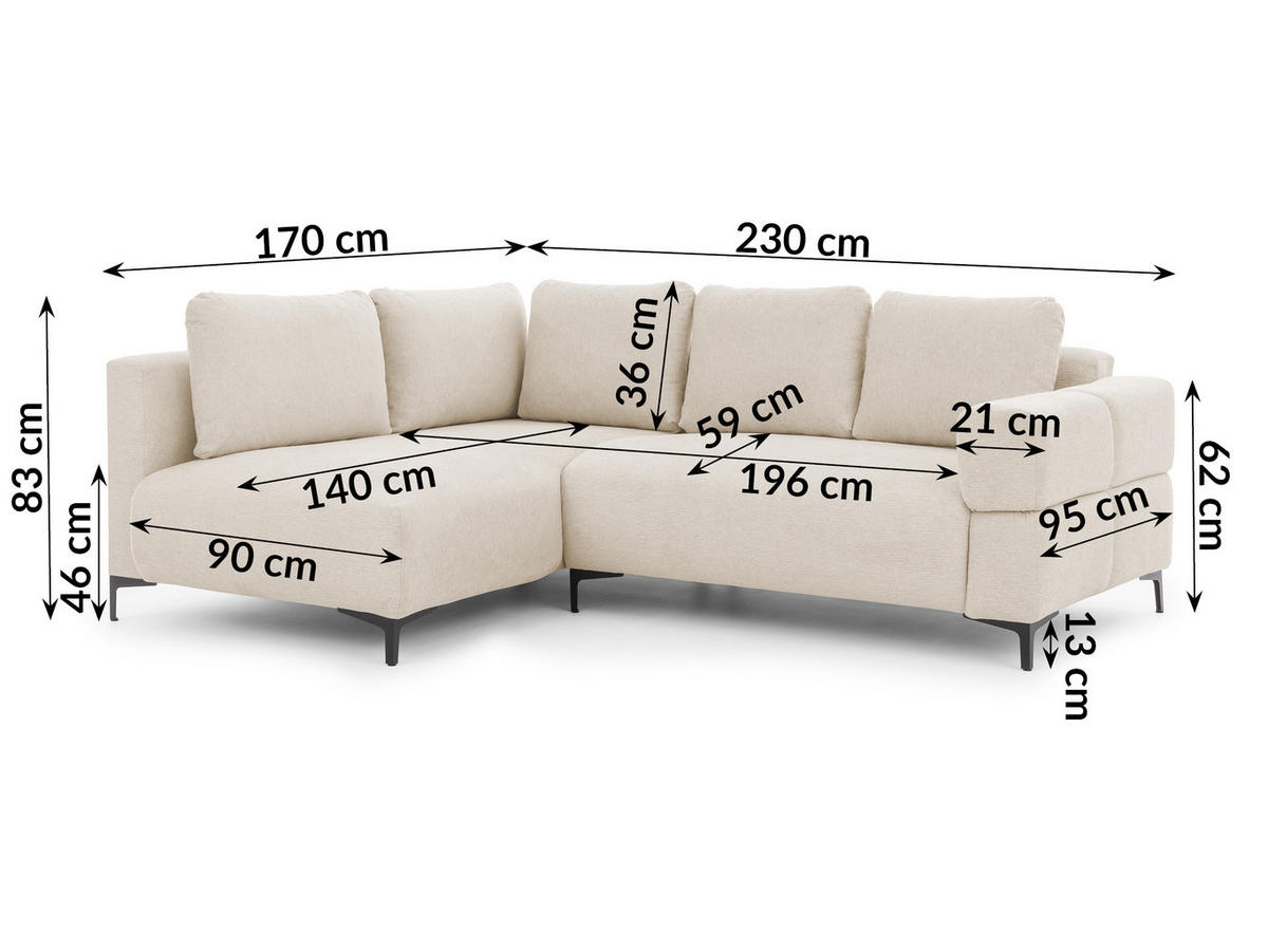 ECKSOFA Cardea in Bubble-Optik aus weichem Hellbeige Strukturstoff mit hohem Sitzkomfort - Ottomane links - Beige/Schwarz, Holz/Textil (170/230cm) - S-Style Möbel