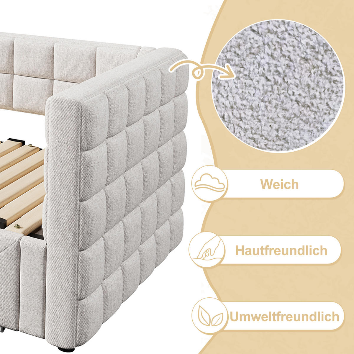 TAGEBETT 90x200cm Beige quadratische Rückenlehne Ausziehbett 2 Schubladen - Beige, Holz (90/200cm) - FLIEKS