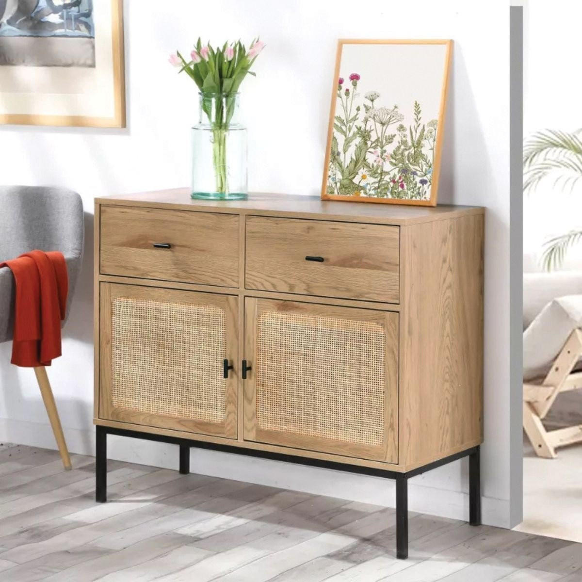 KOMMODE 2 Türen und 2 Schubladen mit Rattangeflecht - L90cm - Eichefarben, Holzwerkstoff (39/79/90cm) - Calicosy