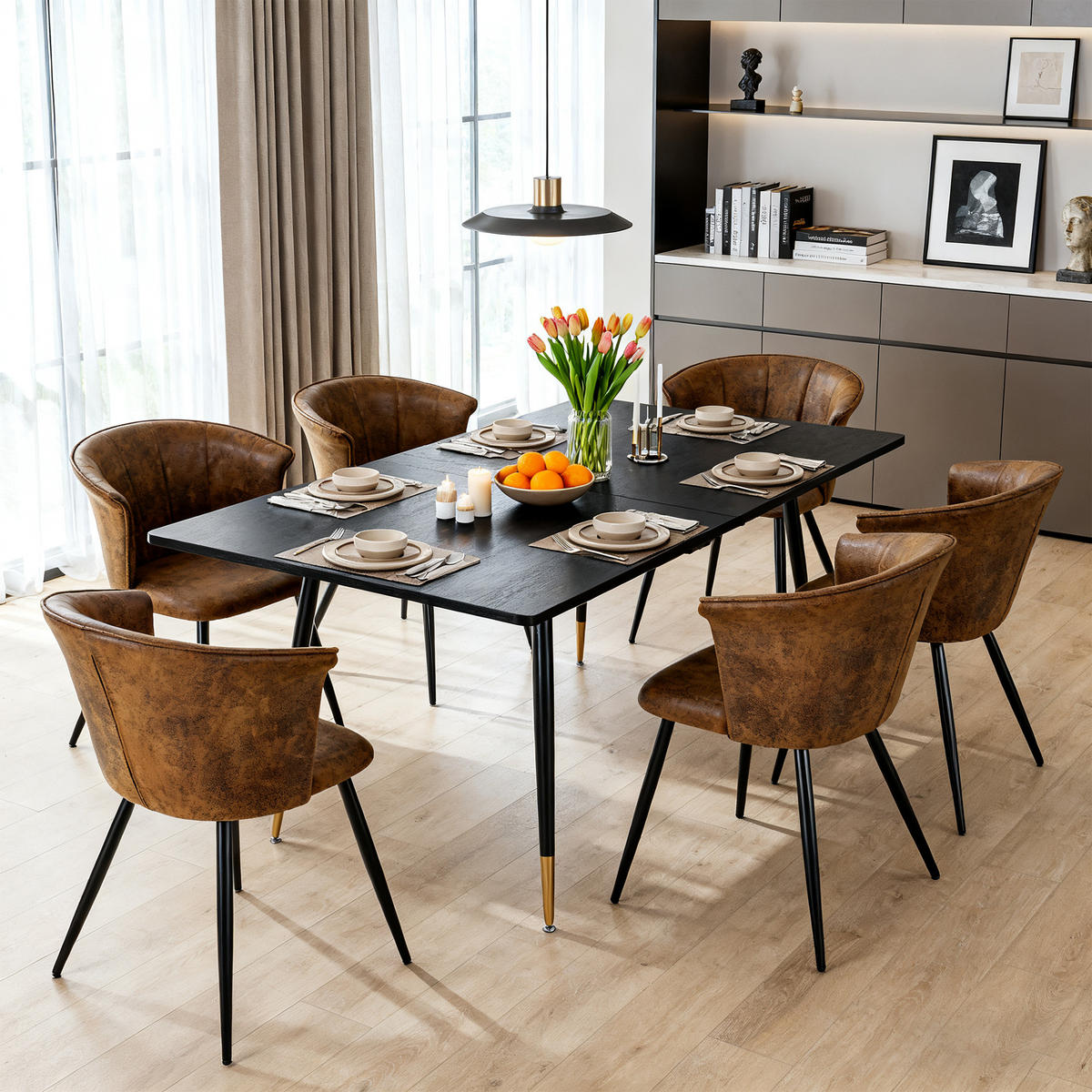 AUSZIEHBARER Esstisch Schwarz mit goldenen Beinen + 6 Schalensessel in Wildlederoptik - Multicolor/Schwarz, Metall (46/74.5/43cm) - Meubles Cosy