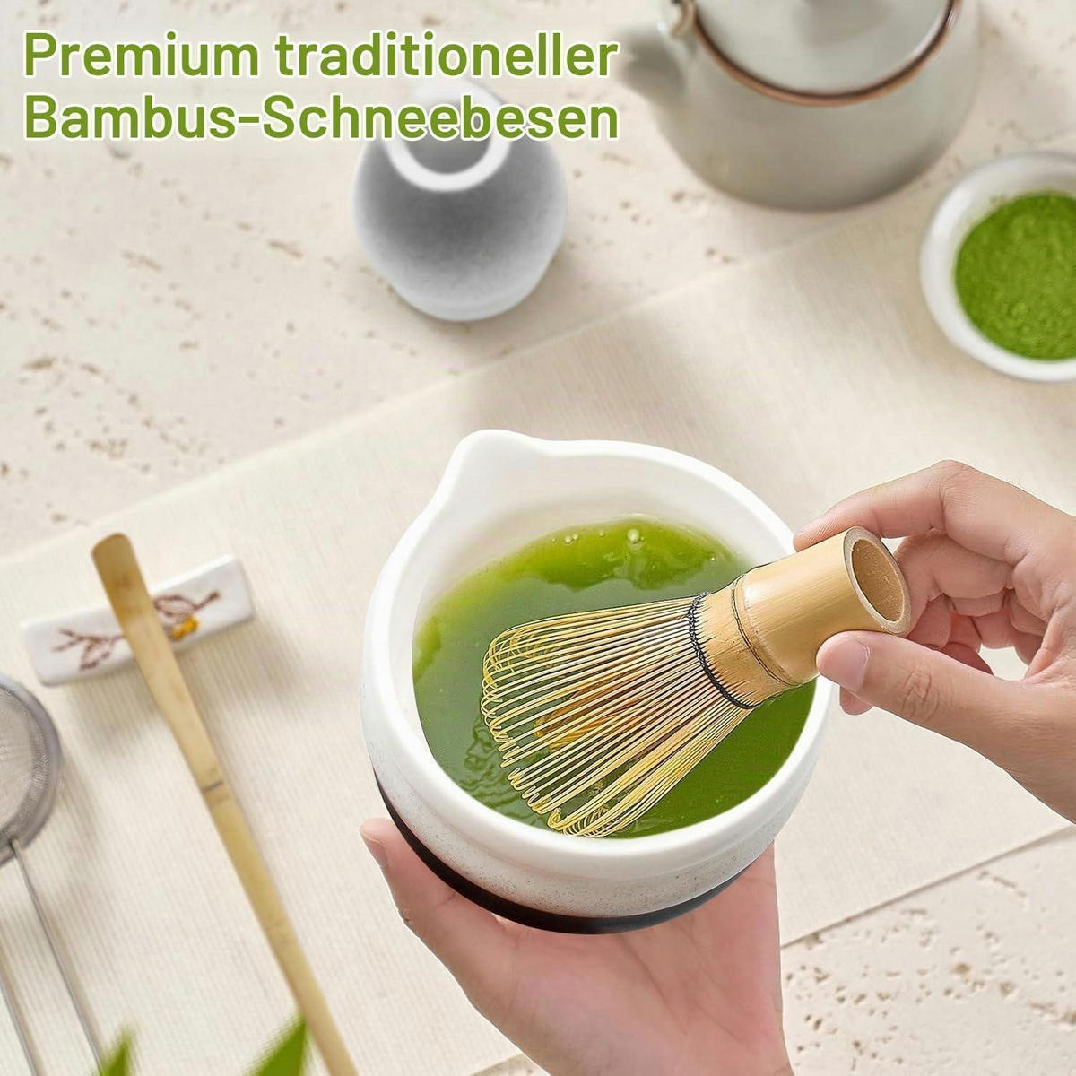 MATCHA Set 5-teiliges Set mit Schale, Besen und Löffel - Schwarz, Keramik (18.2/12.7/20.5cm)