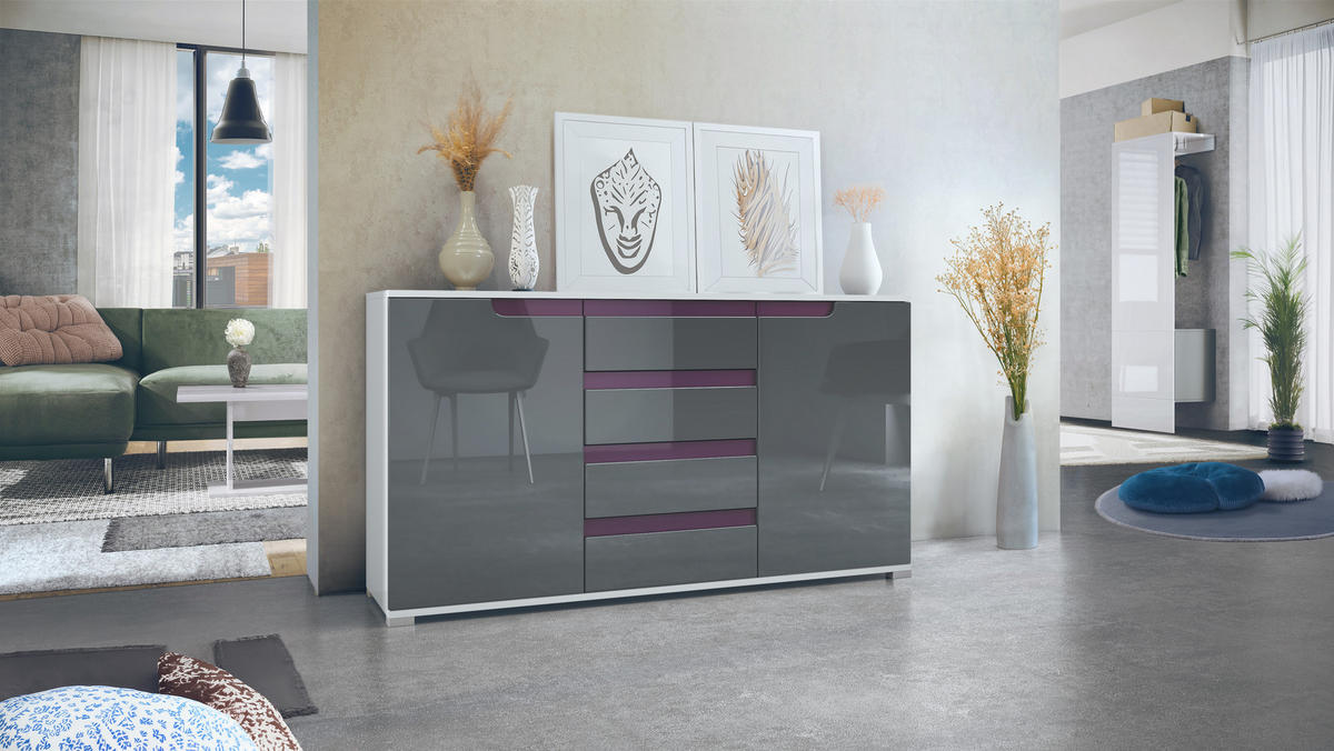 SIDEBOARD Sylt Grau Hochglanz / Brombeer Hochglanz - Grau, Holzwerkstoff (138.5/75.5/35cm) - Vladon