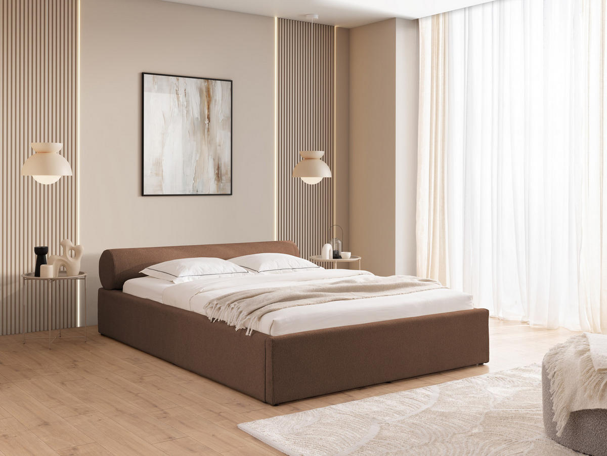 ČALOUNĚNÁ POSTEL 140/200 cm Josy v designovém vzhledu s úložným prostorem a lamelovým roštem, v hnědé chenille látce - černá/hnědá, dřevo/textil (140/200cm) - S-Style Möbel