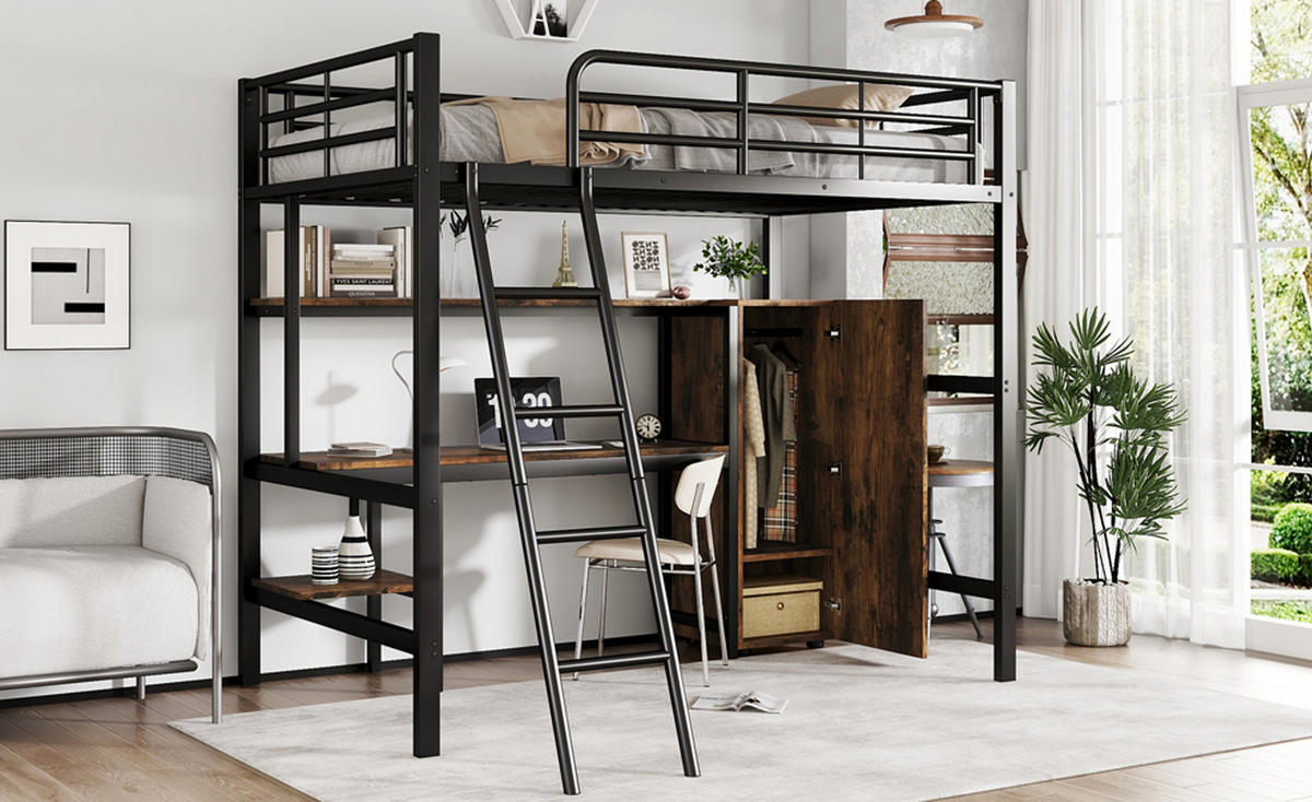 HOCHBETT Mit Bücherregalen, Schreibtisch und Kleiderschrank Schwarz - Schwarz, Holzwerkstoff/Metall - Urban Meuble