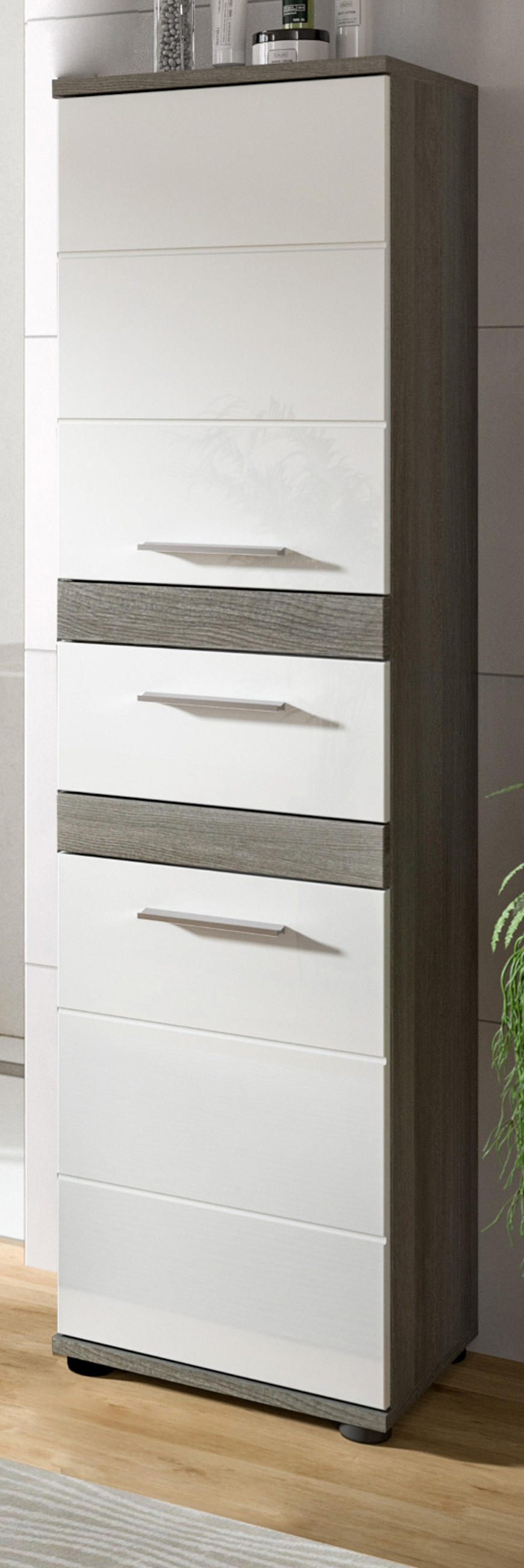 MIDISCHRANK weiß Hochglanz, grau 35 cm, Badschrank mit Schubkasten - Chromfarben/Weiß Hochglanz, Holzwerkstoff/Kunststoff (35/137/31cm) - Inn.Furn