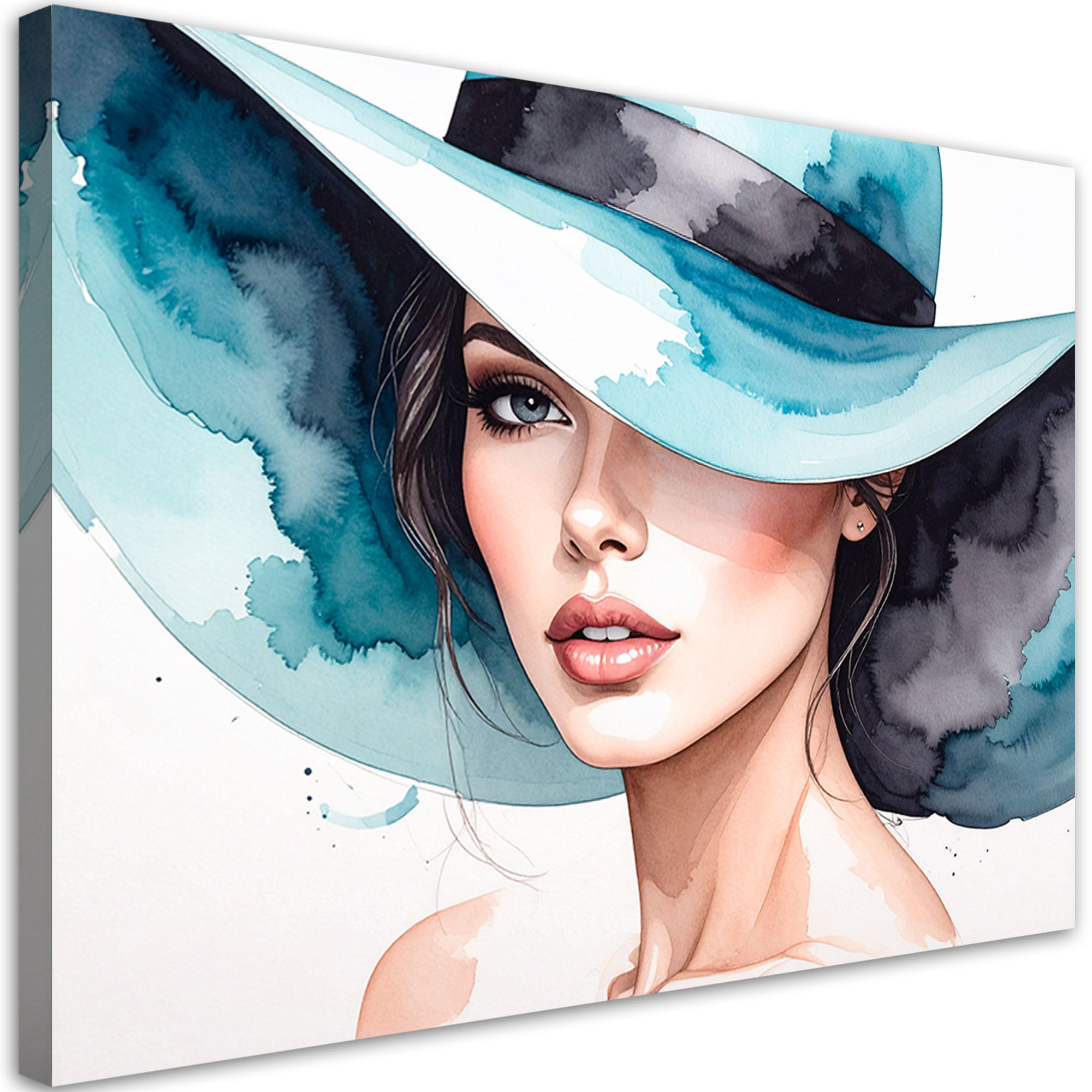 LEINWANDBILD Porträt Frau mit Hut 120x80cm - Blau, Textil (120/80cm) - Feeby