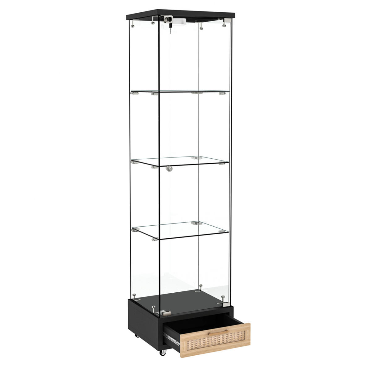 VITRINE 36,5/42,5/167 cm aus MDF und Glas mit LED-Beleuchtung, Rollen und abschließbarem Stauraum, Schwarz - Schwarz, Holzwerkstoff (42.5/167/36.5cm) - Redom
