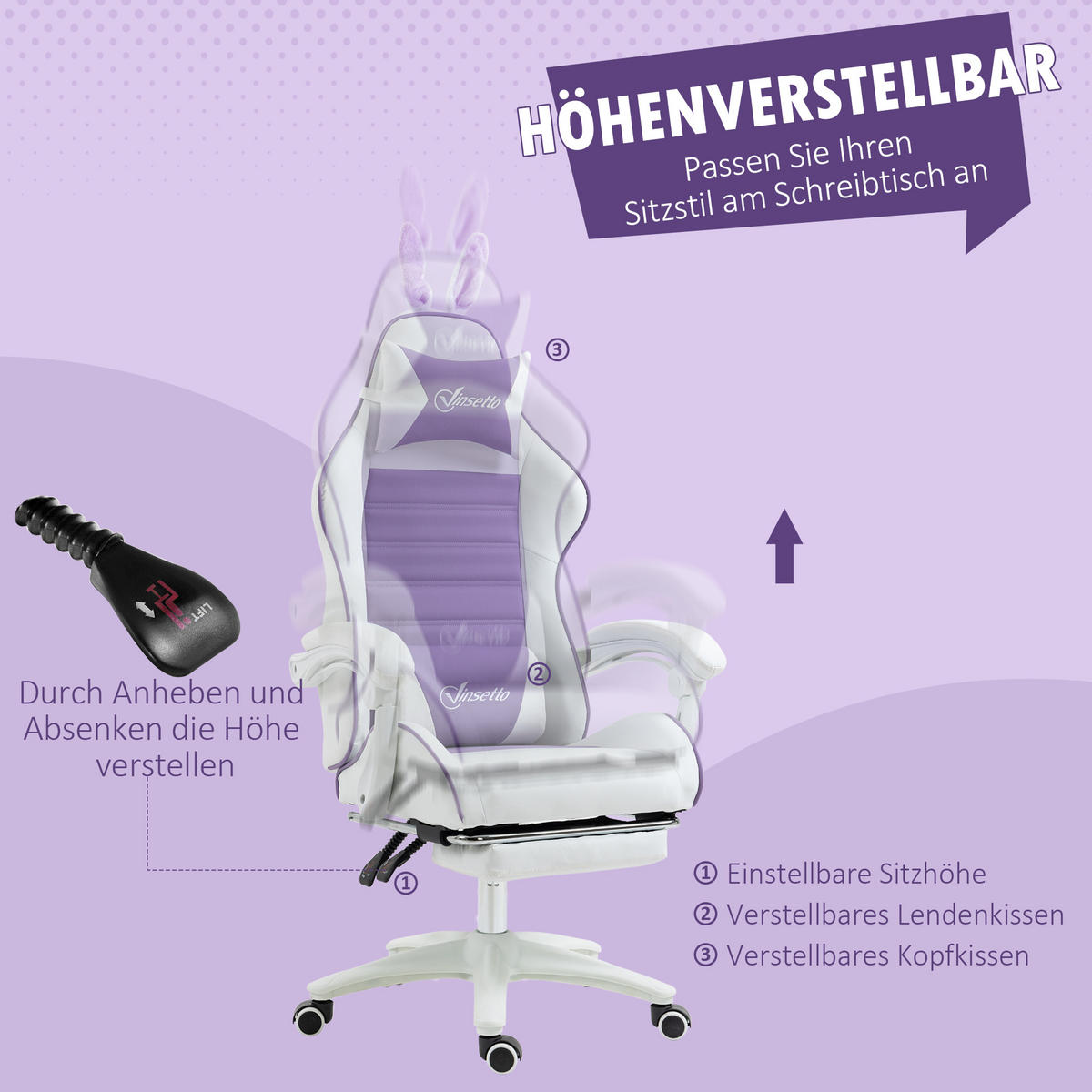 GAMING-STUHL, Liegefunktion, Violett - Violett, Leder (63/142/65cm) - Vinsetto