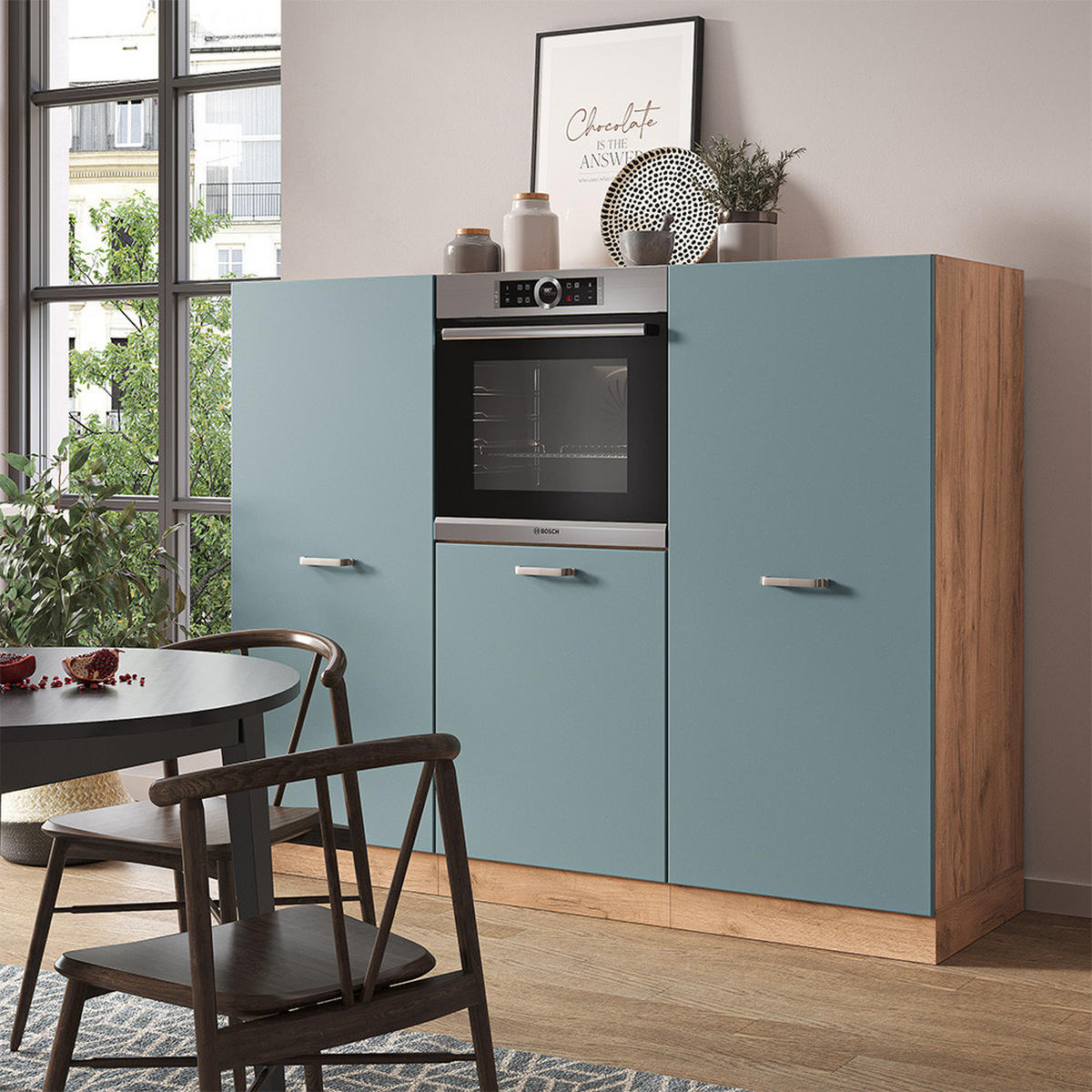 EINBAUKÜCHE R-Line Blau-Grau/Goldkraft Eiche 180 cm ohne AP - Honigeiche/Blaugrau, Holzwerkstoff (180/81.6/46cm) - Vicco