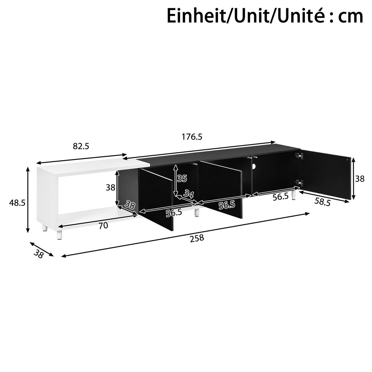 TV-LOWBOARD ausziehbar 258 x 38 x 48,5 cm aus MDF/Spanplatte, 3 Hochglanztüren, Schwarz/Weiß - Schwarz, Holzwerkstoff (258/48/38cm)