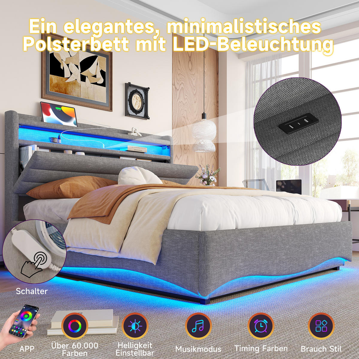 POLSTERBETT 140/200 cm beige aus Leinen mit LED und Stauraum - Beige, Textil (140/200cm) - OKWISH
