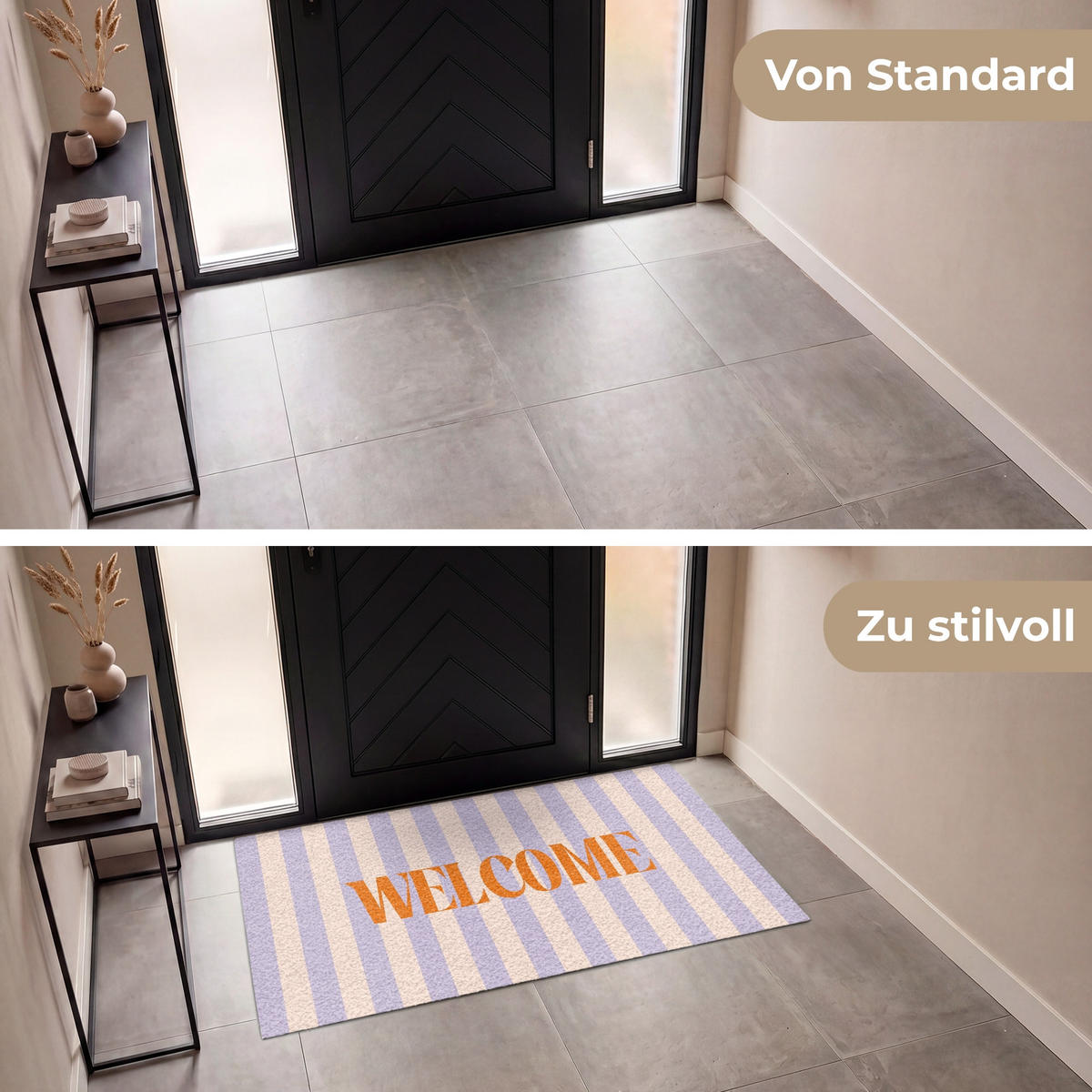 FUSSMATTE Lila – Orange – Streifen – Willkommen 150x90 cm - Flieder, Kunststoff (150/0.4cm) - MuchoWow