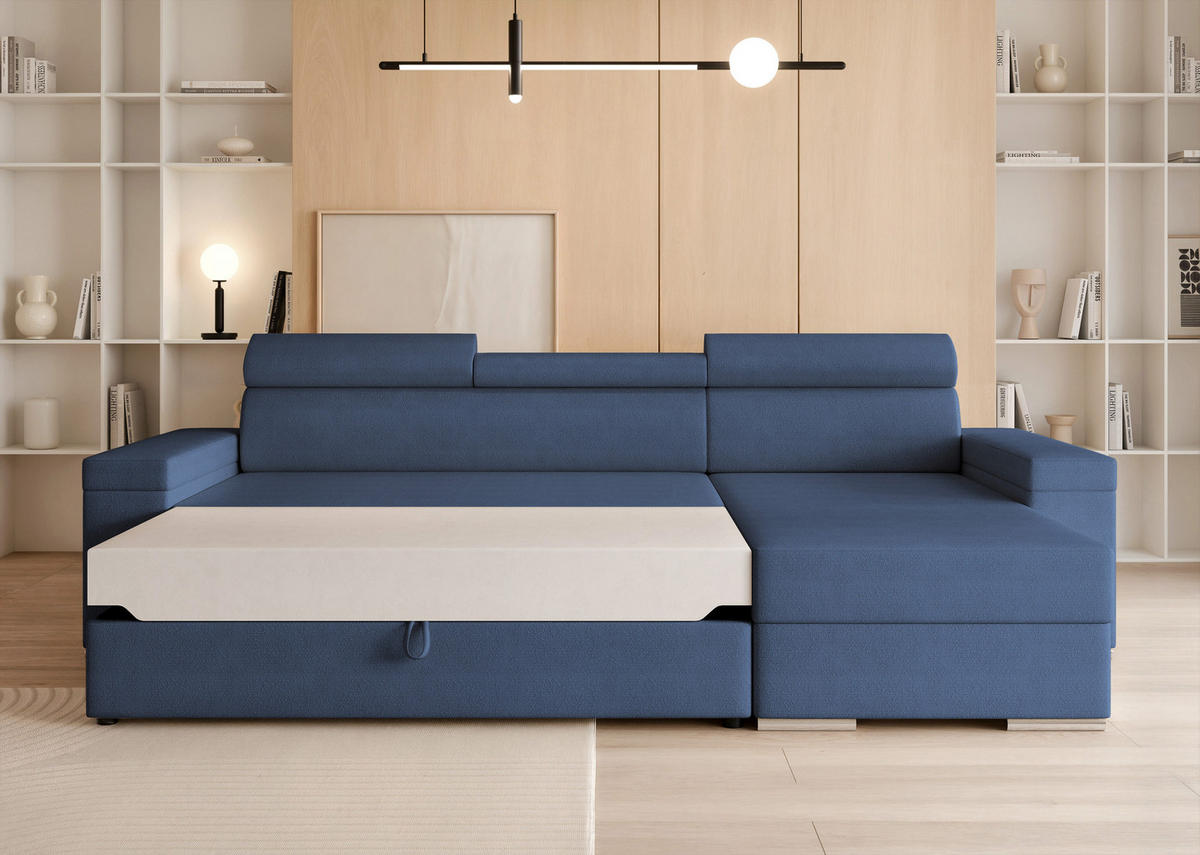 ECKSOFA AISHA mit Schlaffunktion und Bettkasten Marineblau - Dunkelblau, Holzwerkstoff/Kunststoff (250/90cm) - Idohome