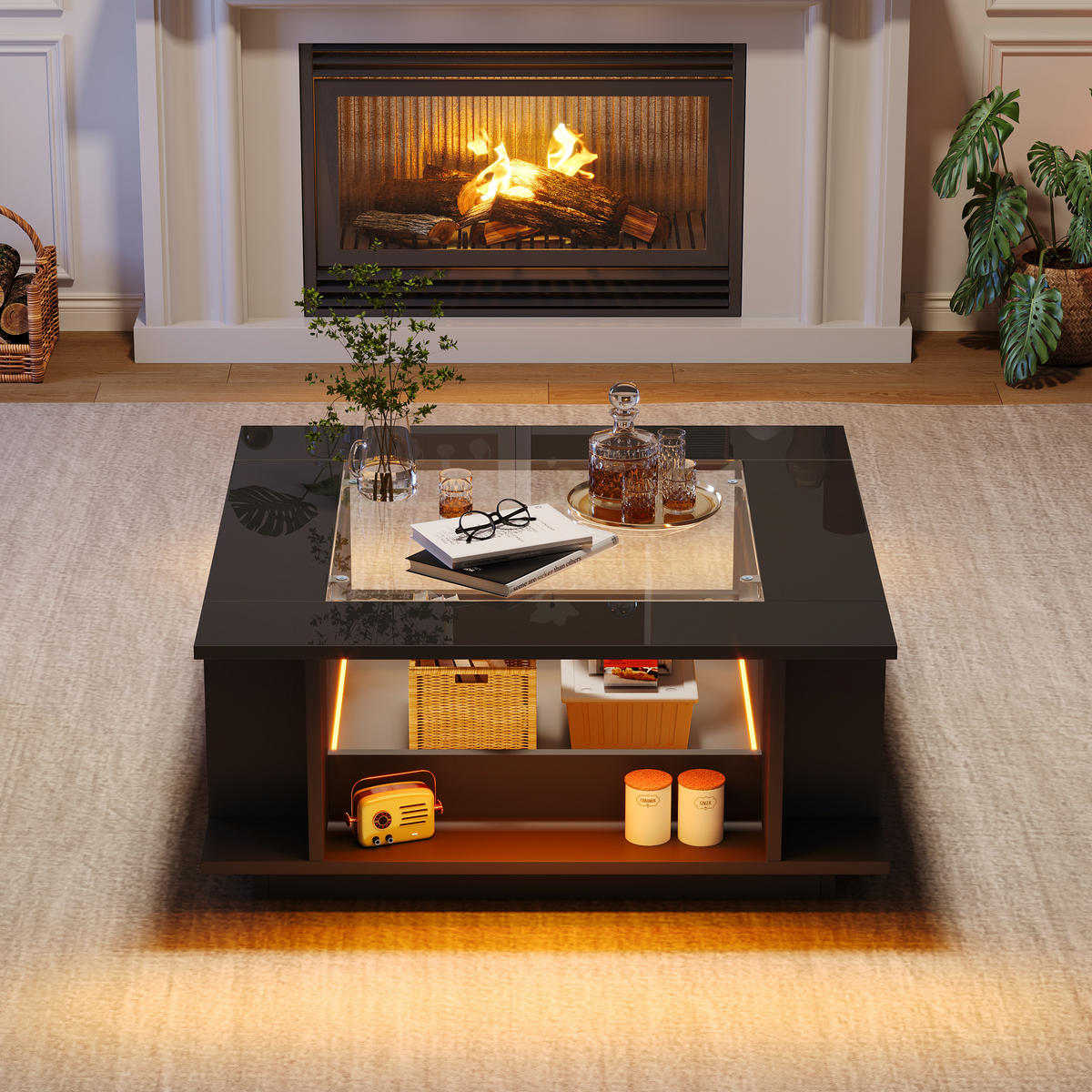 COUCHTISCH in Schwarz mit Glasplatte und LED-Beleuchtung für Wohnzimmer, B70/T70/H30 cm - Schwarz, Glas/Holzwerkstoff (70/70/30cm) - STILVORA