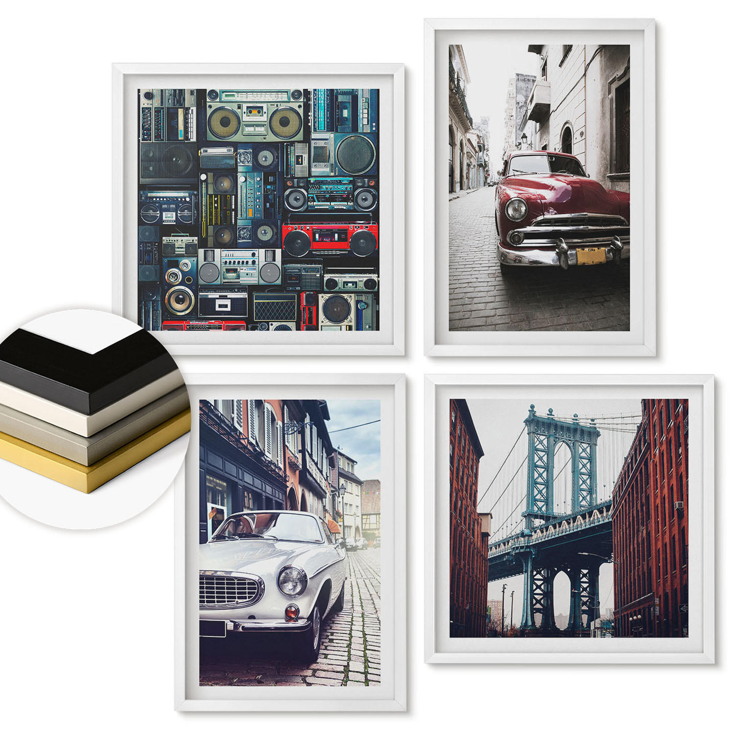 WANDBILDER 4er-Set - 50x50 cm & 40x60 cm Weißer Rahmen - Old Cars Brooklyn Retro-Audio - Weiß, Kunststoff (50/50cm) - ArtPrintCave