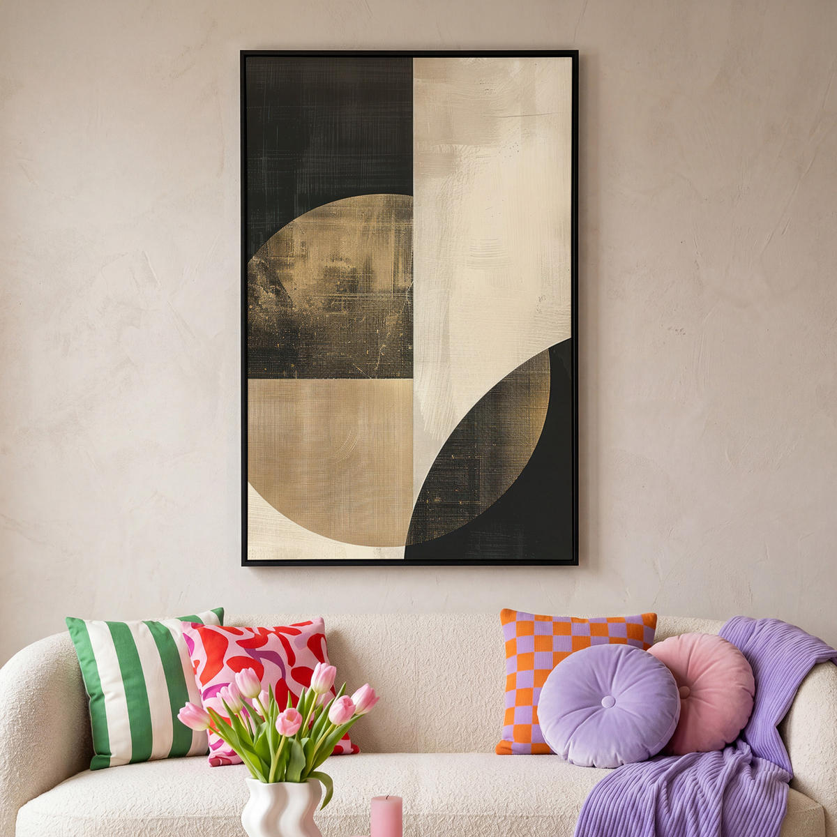 LEINWAND Bilder mit Rahmen - Abstrakt - Geometrische Formen - Schwarz - Gold - 80x120 - Ecru, Textil (80/120cm) - MuchoWow