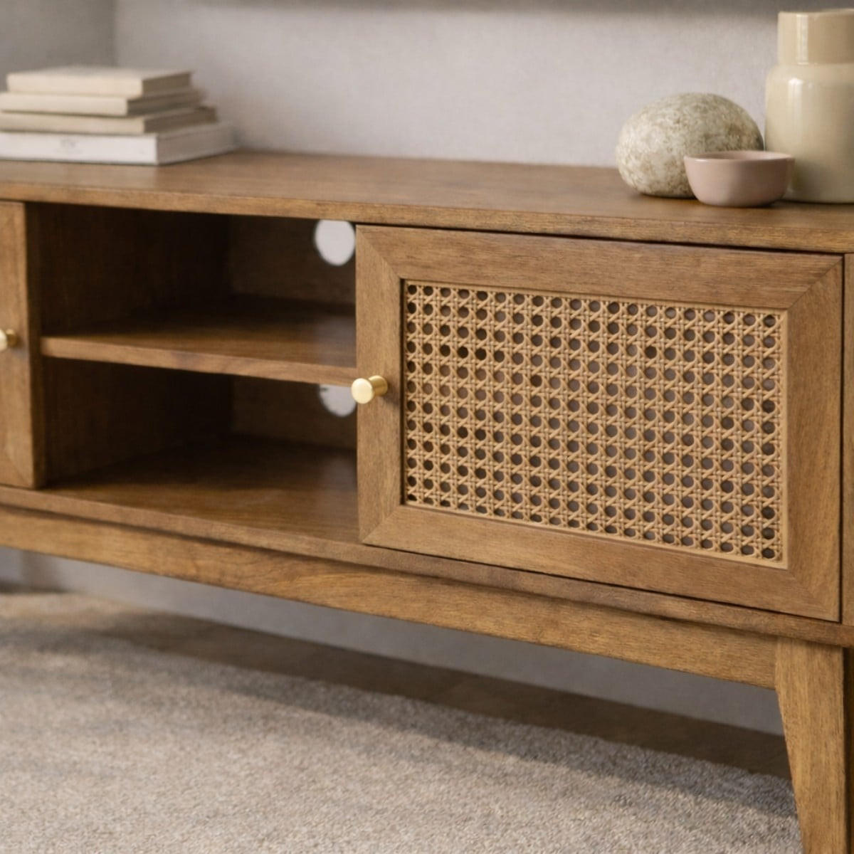 TV-MÖBEL 2 türen mit rattan-geflecht palmo 39/49/140 cm - Eschefarben, Holzwerkstoff (140/49/11cm) - Calicosy