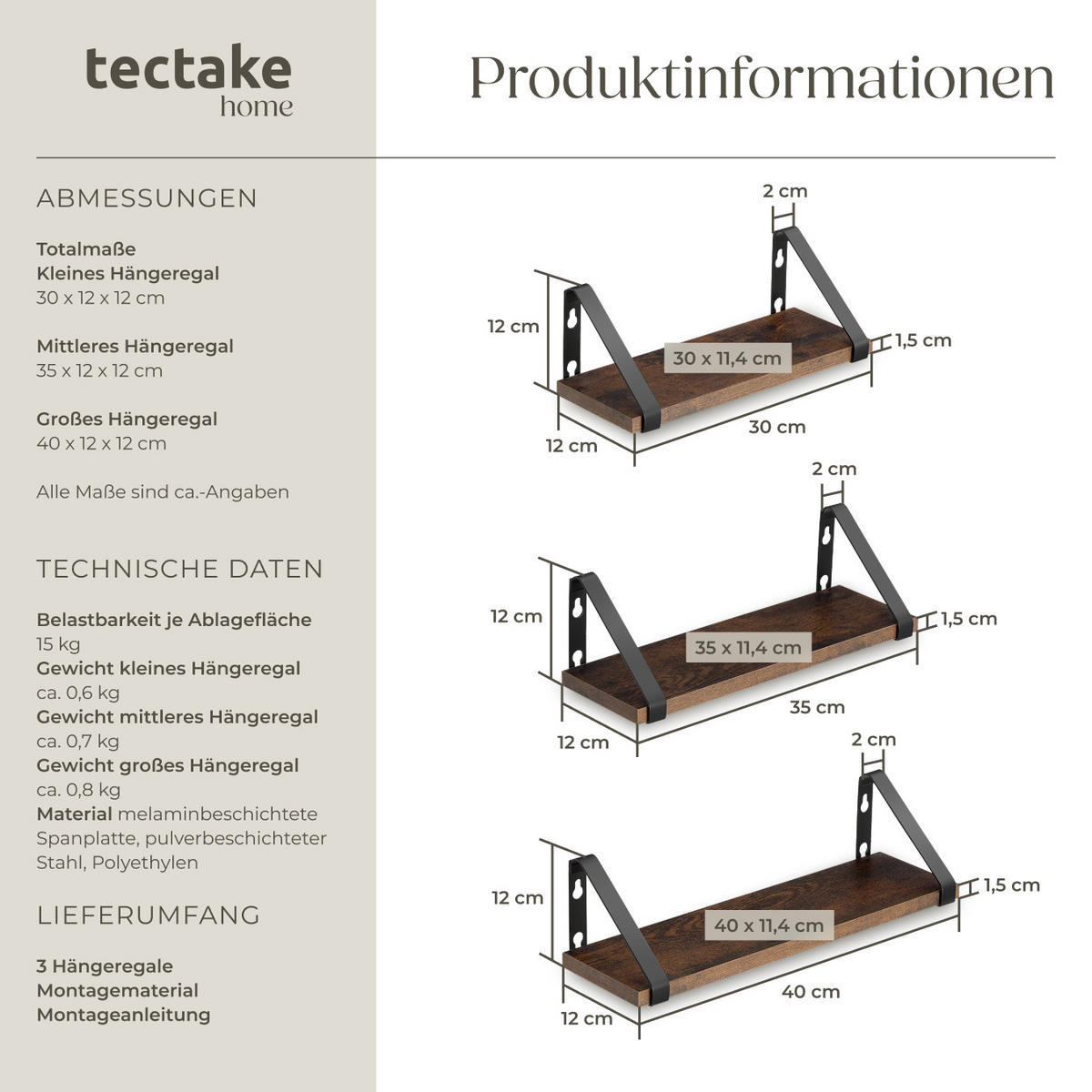 WANDREGAL 3er Set Cowell,Höhe 12 cm, Industrial Holz dunkel, rustikal - Rostfarben, Holzwerkstoff (12/12/40cm) - tectake