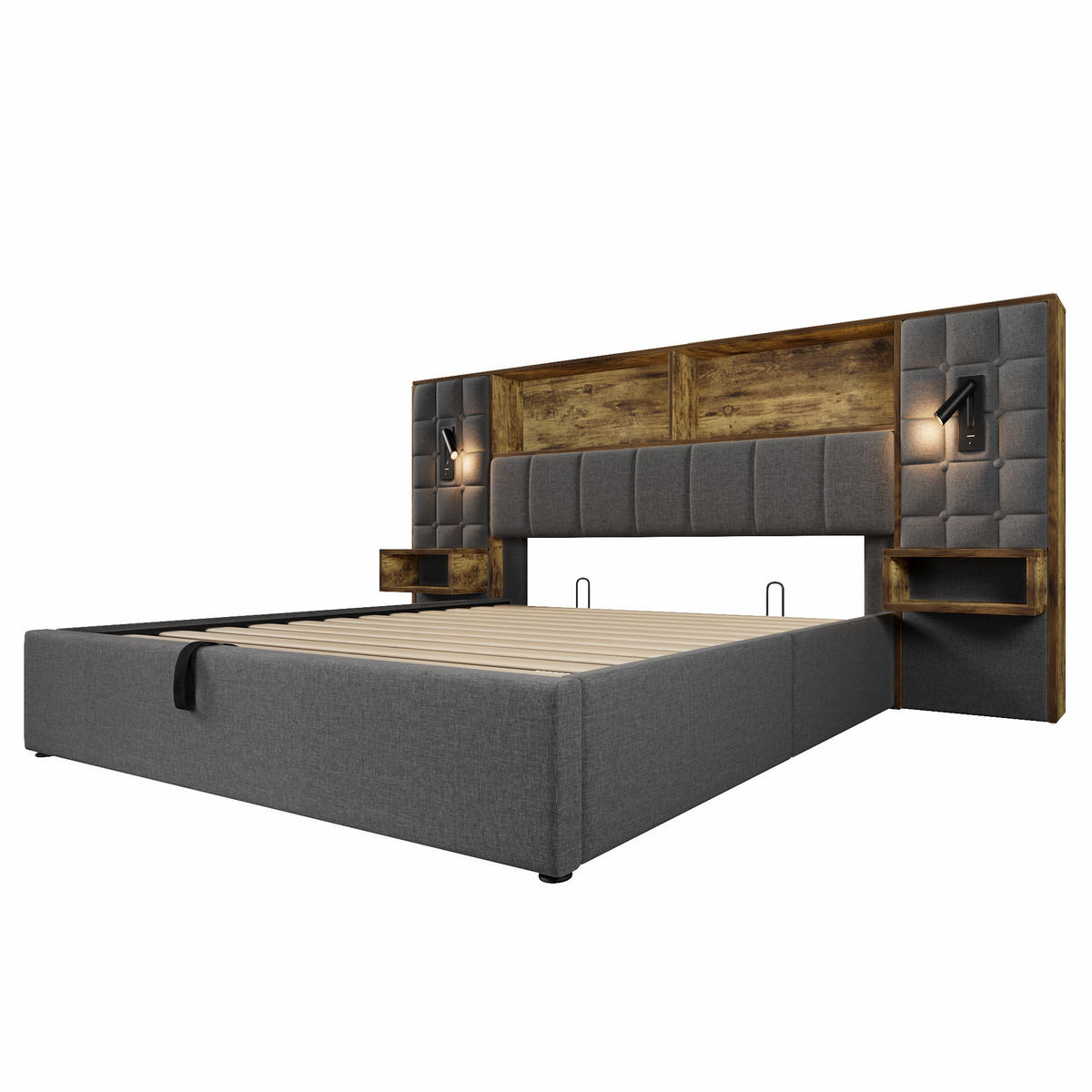 POLSTERBETT 160/200 cm Grau mit LED, 2 Leselampen und 2 integrierte Nachttische - Grau, Textil (160/200cm) - Oxeza