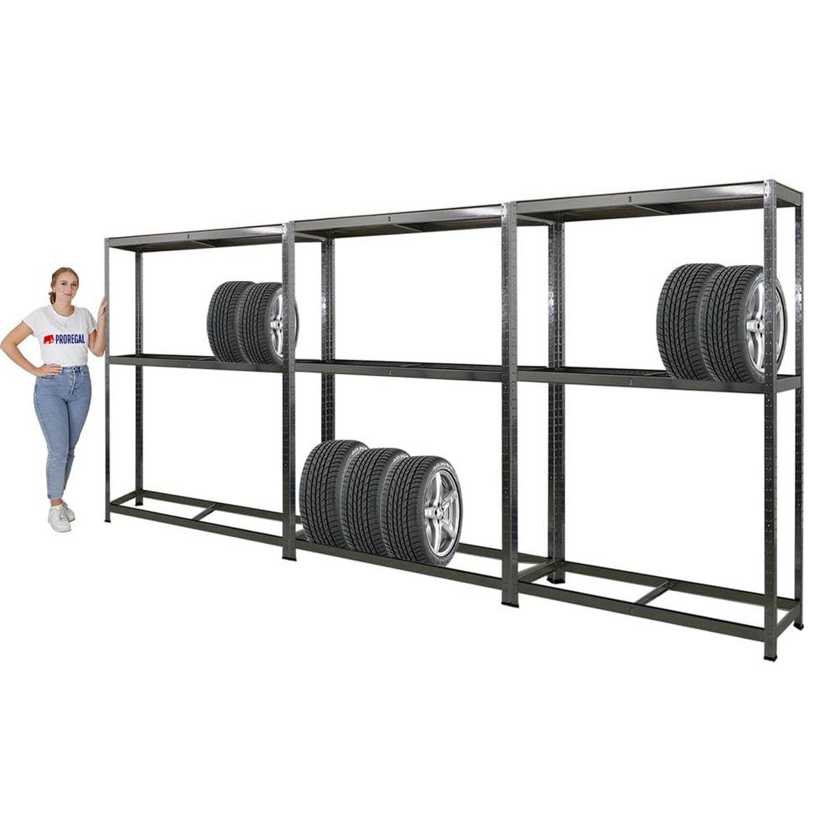 REIFENREGAL Ragnar 3er-Set mit 3x 180x120x40 cm bis zu 8 Reifen auf 2 Ebenen + Ablage 265 kg Fachlast Verzinkt - Silberfarben, Metall (360/180/40cm) - PROREGAL