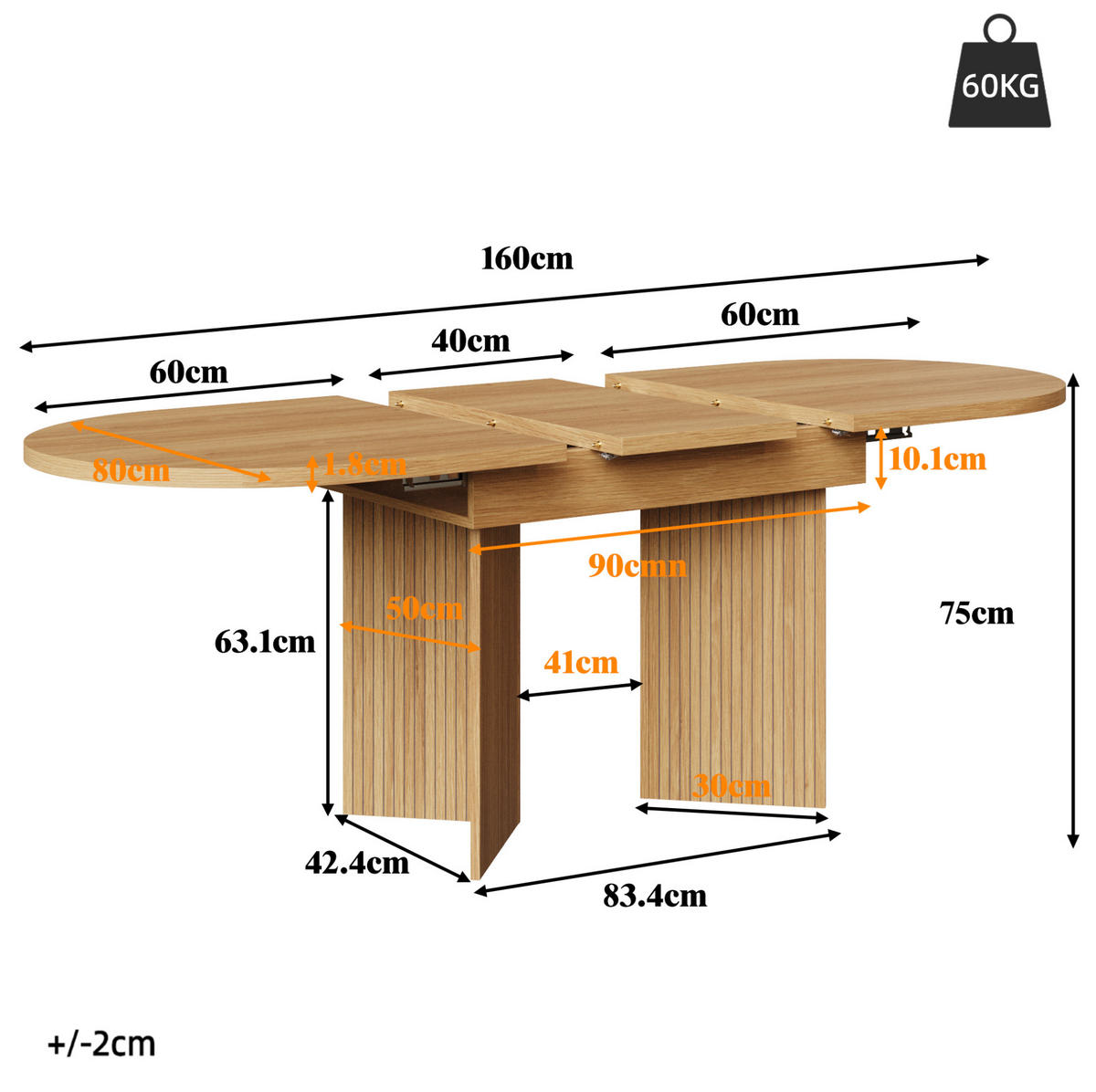 ESSTISCH 120-160/80/75 cm ausziehbar mit flexibler Tischplatte und MDF-Oberfläche, Naturholz - Hellbraun, Holzwerkstoff (120/80/75cm) - Redom