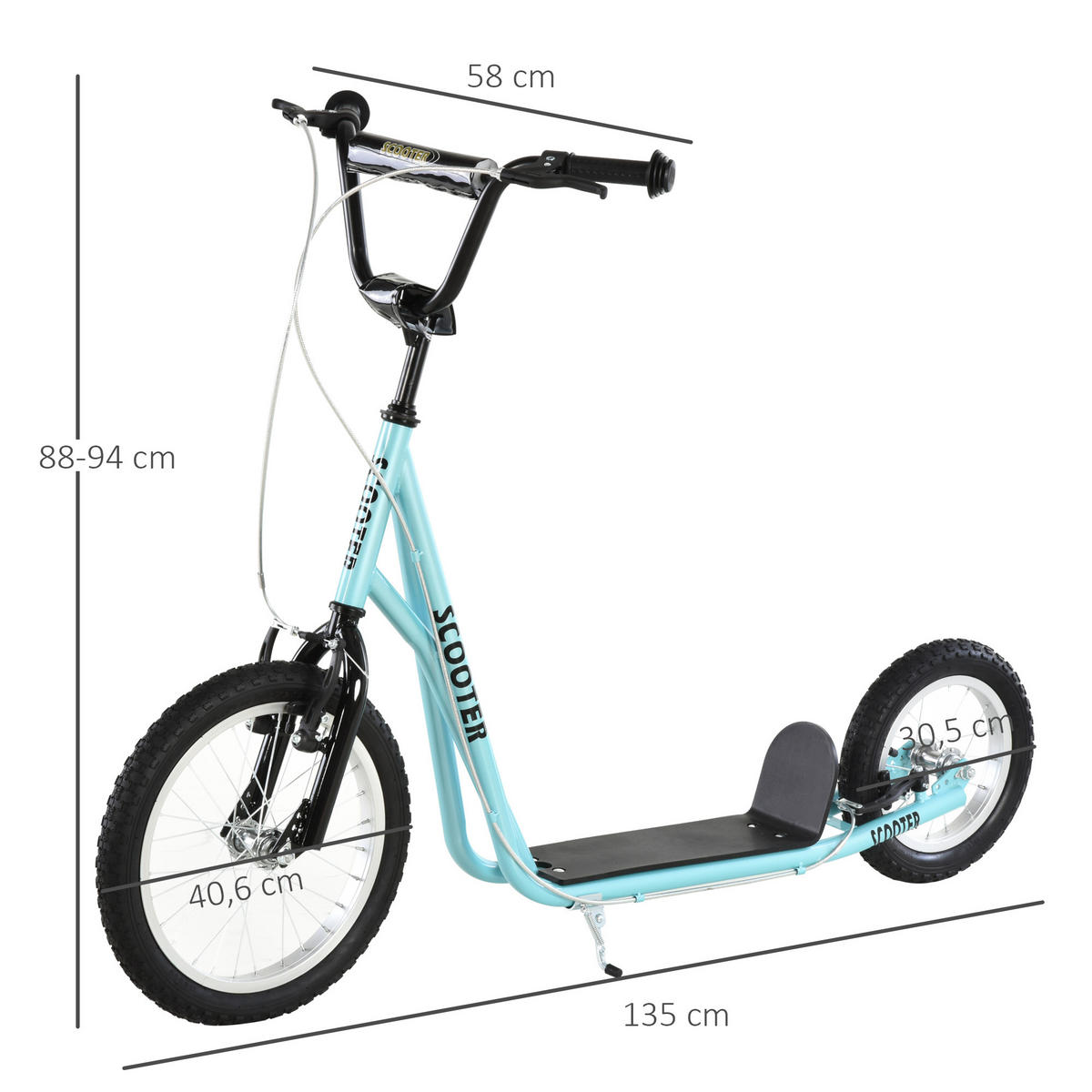 KINDERSCOOTER DE-16920 Große Luftreifen 40/30 cm Himmelblau/Schwarz - Blau, Metall (135/58/94cm) - ComfortXL