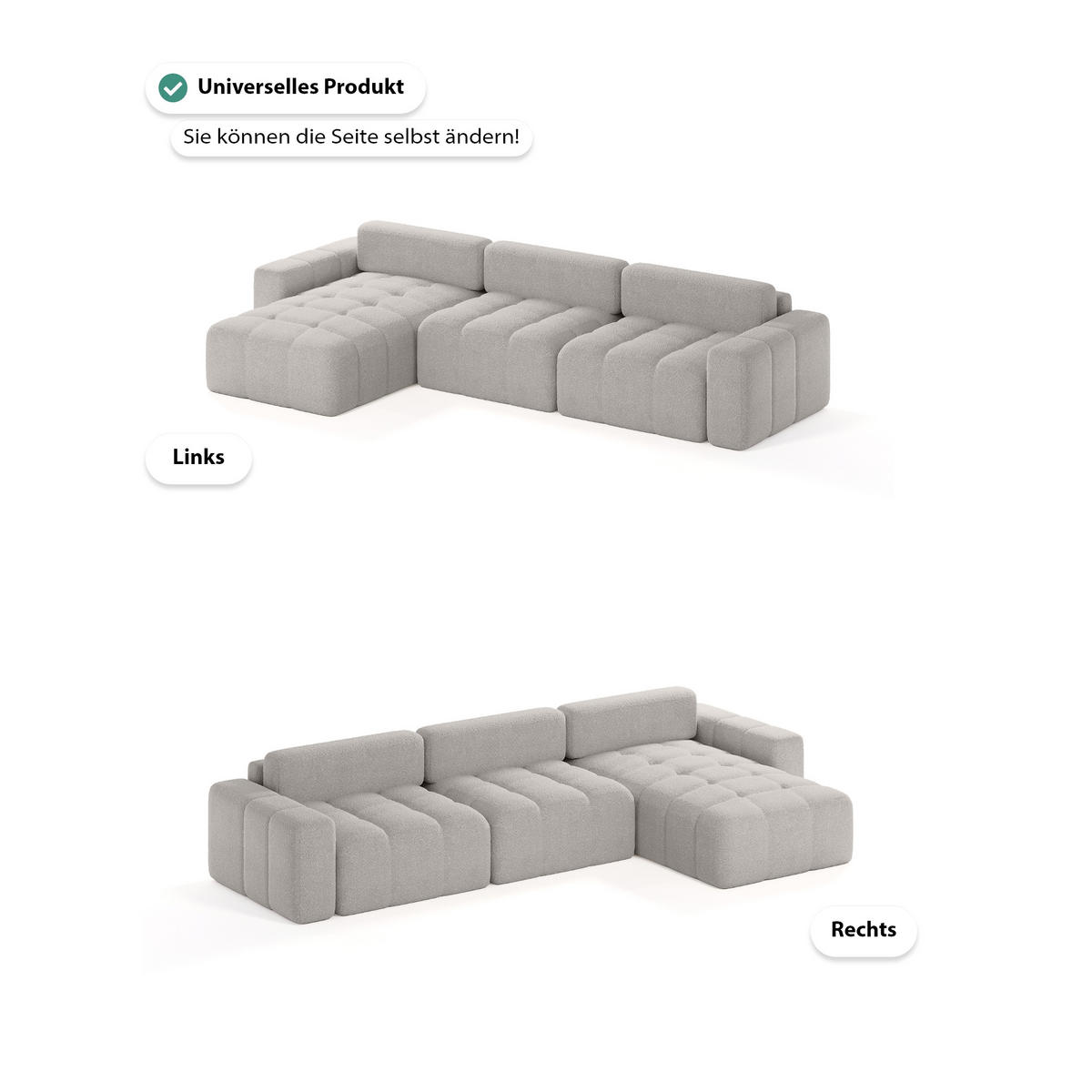 ECKSOFA Bouclé-Stoff 8 Sitzer Bornum So, Hellgrau - Hellgrau, Textil (346/170cm) - Meblito