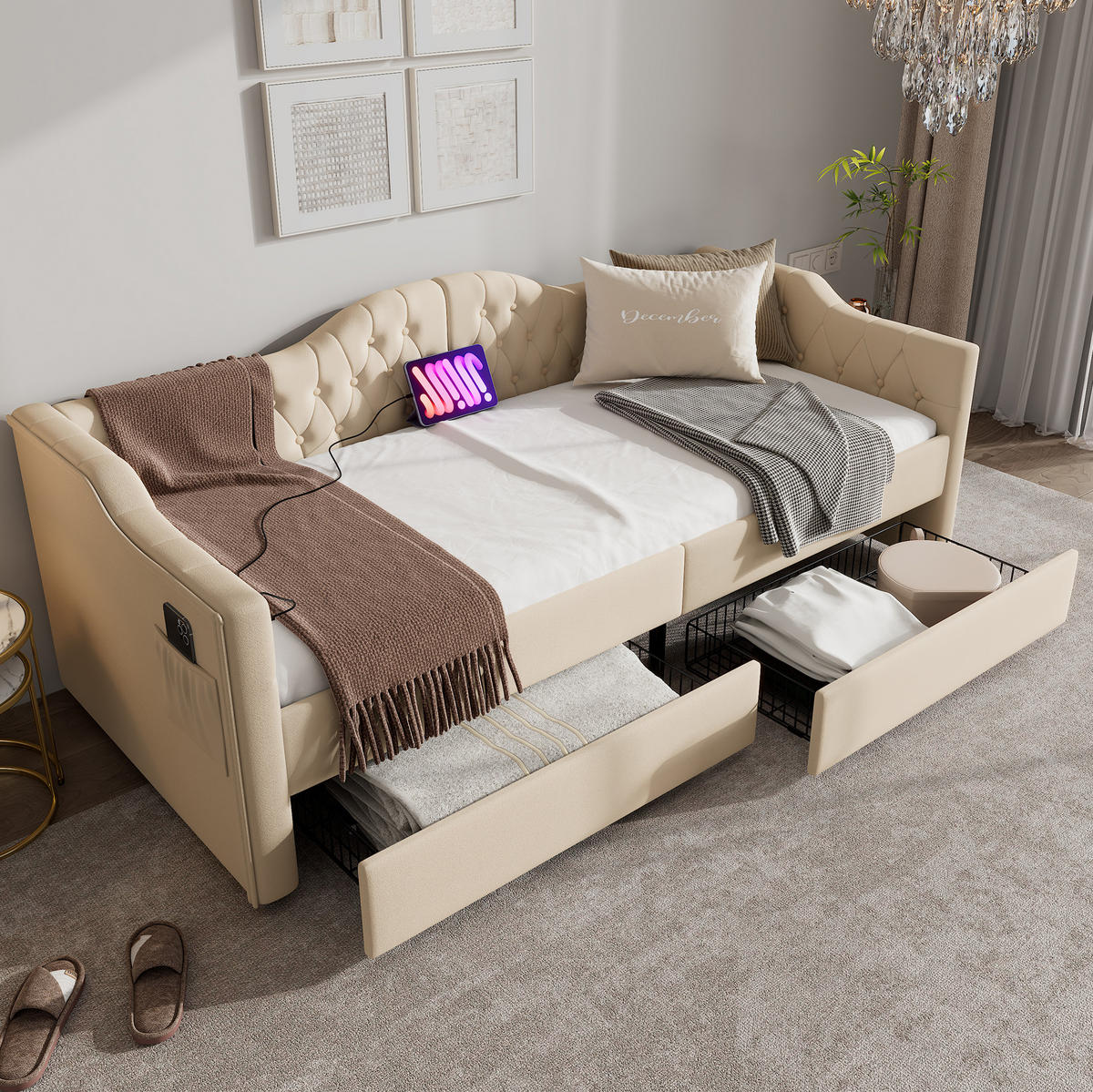 POLSTERBETT aus Samt 90x200 cm in Beige mit USB, Type-C & 2 Schubladen - Beige, Textil (90/200cm) - Modfu