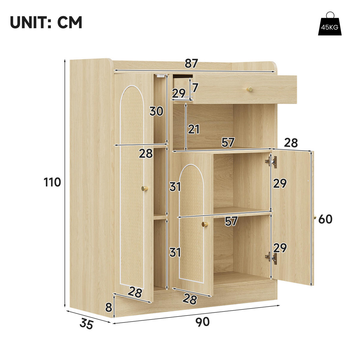 SCHUHSCHRANK Rattan Natur 3 Türen 1 Schublade 90x35x110cm - Naturfarben, Holzwerkstoff (35/110/90cm) - FLIEKS