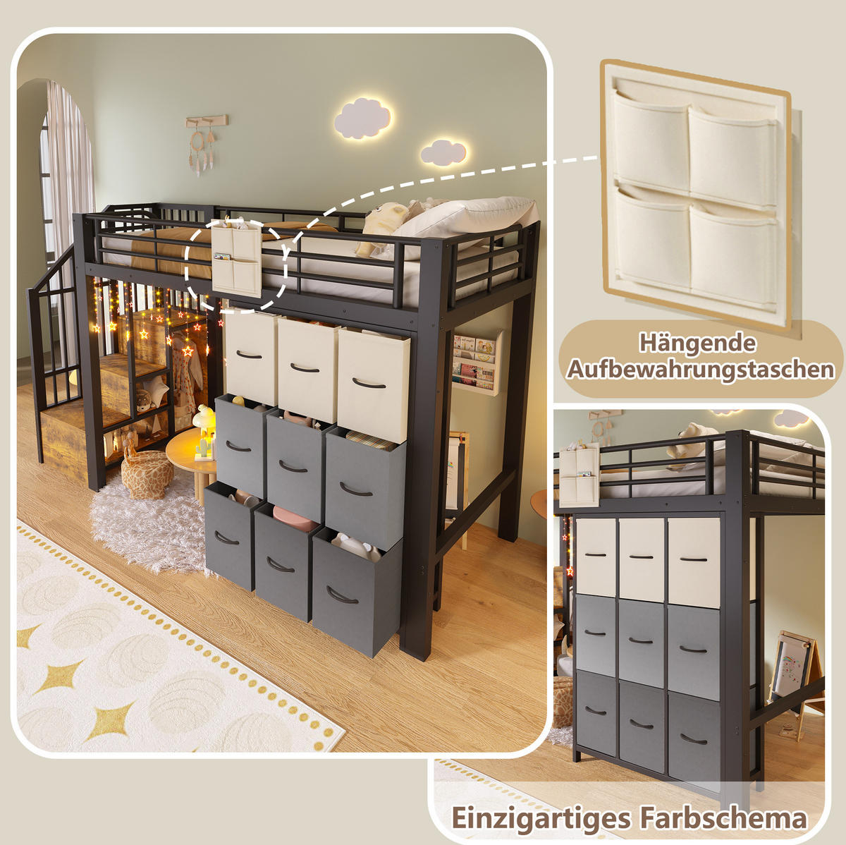 VISOKA postelja 90/200 cm črno-bela s predali, garderobno palico in stopnicami za shranjevanje iz kovine in MDF - bela, leseni material (90/200cm) - OKWISH
