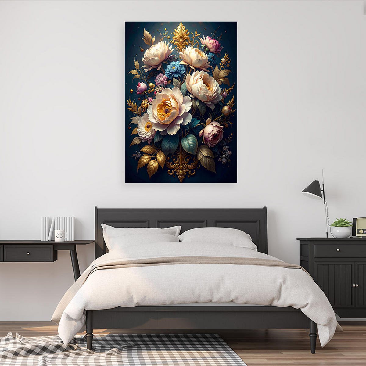 WANDBILD, Ein Strauß cremefarbener Rosen und Blumen auf dunklem botanischem Hintergrund - Blau, Textil (20/30cm) - Feeby