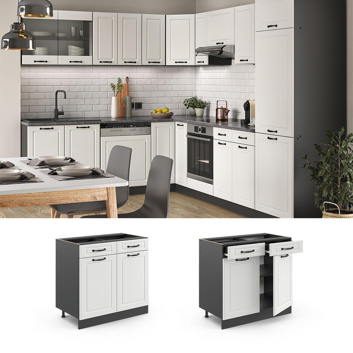 KÜCHENUNTERSCHRANK R-Line Weiß Landhaus 80 cm, AP Anthrazit - Anthrazit/Weiß, Holzwerkstoff (80/81.6/60cm) - Vicco