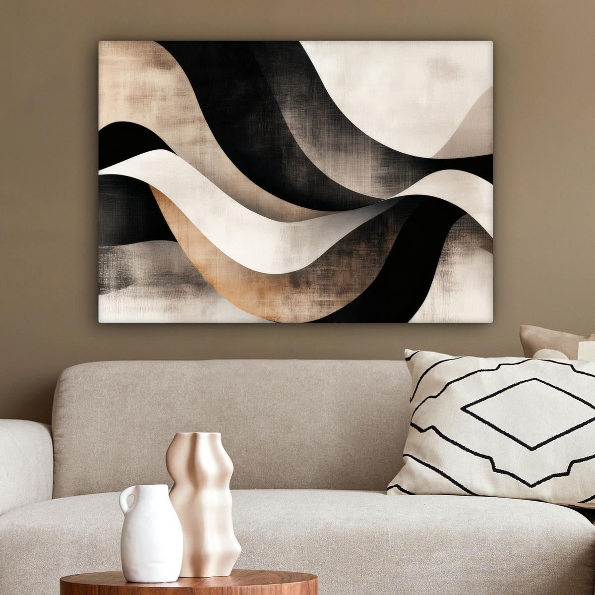 LEINWANDBILD Abstrakt - Wellen - Schwarz - Verwittert Wandbilder 80x60 cm - Trüffeleichefarben, Textil (80/60cm) - MuchoWow