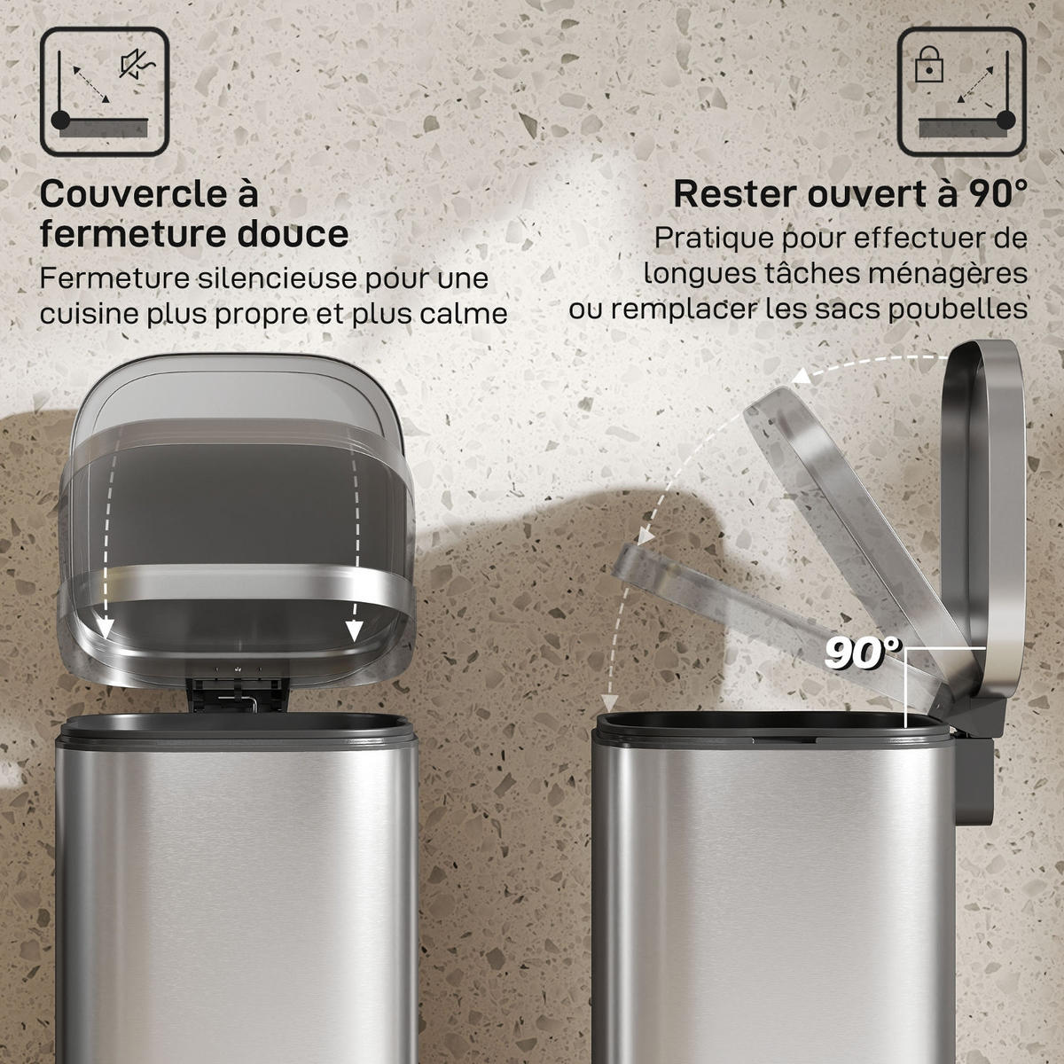 MÜLLEIMER Küche 30L 29/36/59,5 cm Metall Silber MIT SOFT-CLOSE-DECKEL Treteimer für Haushalt - Silberfarben, Metall (36/59.5/29cm) - Rolipo