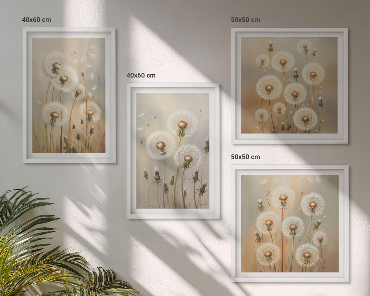 BILDER SET 4er Set - 50x50 cm & 40x60 cm Weißer Rahmen - Weiße Löwenzahnblüten auf hellem Hintergrund - Weiß, Kunststoff (50/50cm) - TULUP
