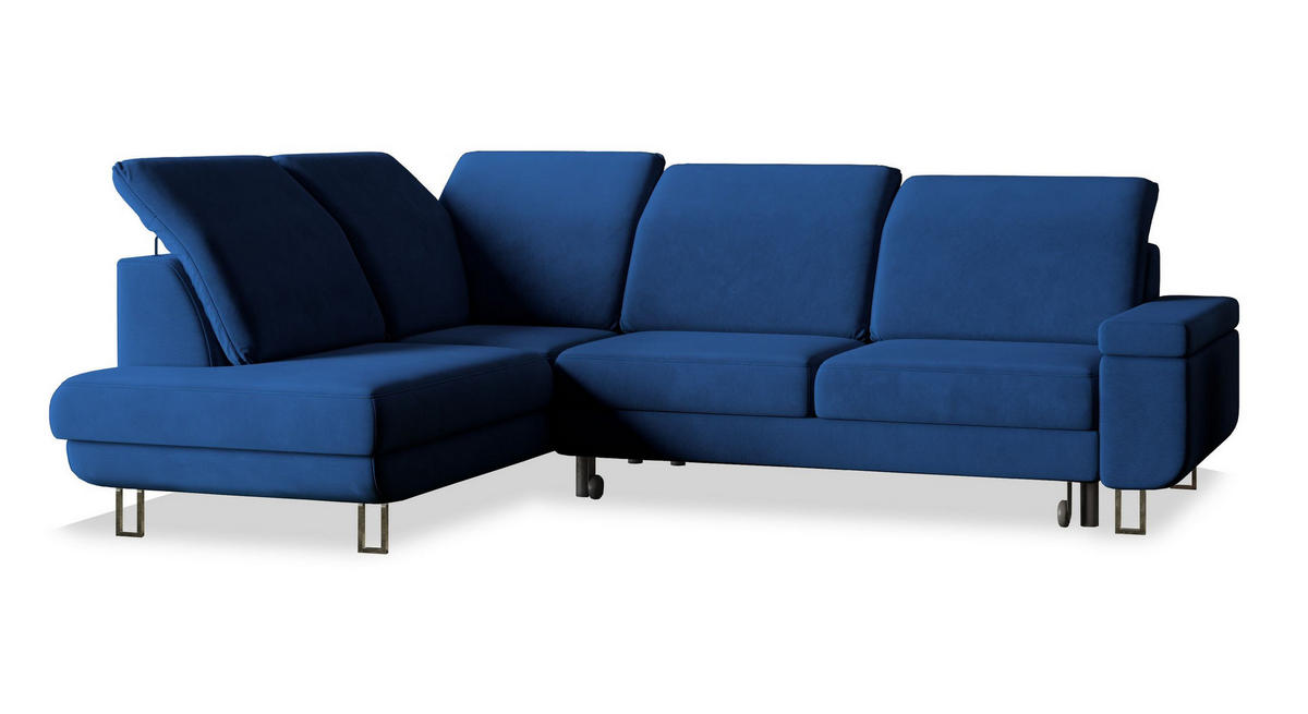 ECKSOFA LERMA R-S Blau Velours-Stoff mit Schlaffunktion - Blau, Holz (253/190cm) - MASSENO