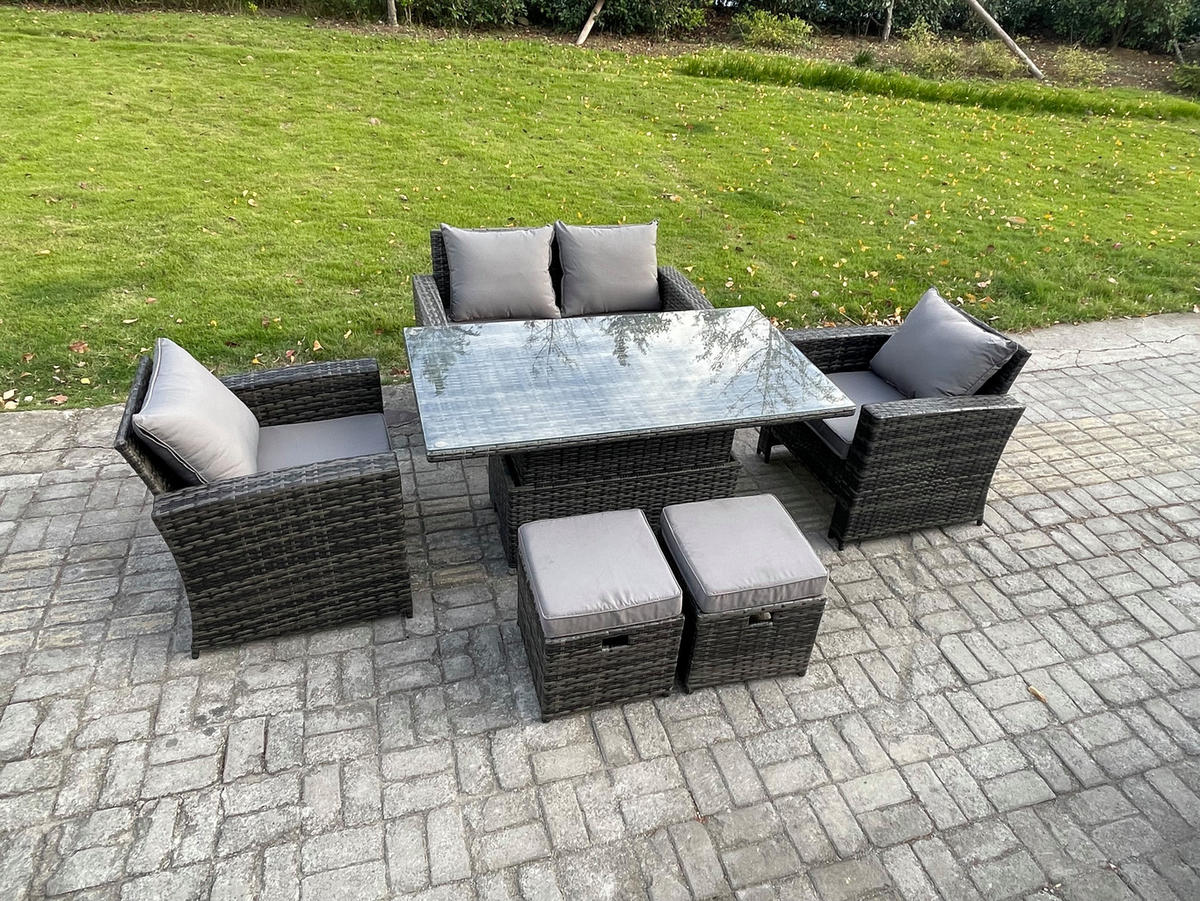 GARTENGARNITUR Polyrattan Dunkelgrau 6-Sitzer - Dunkelgrau, Metall - Fimous
