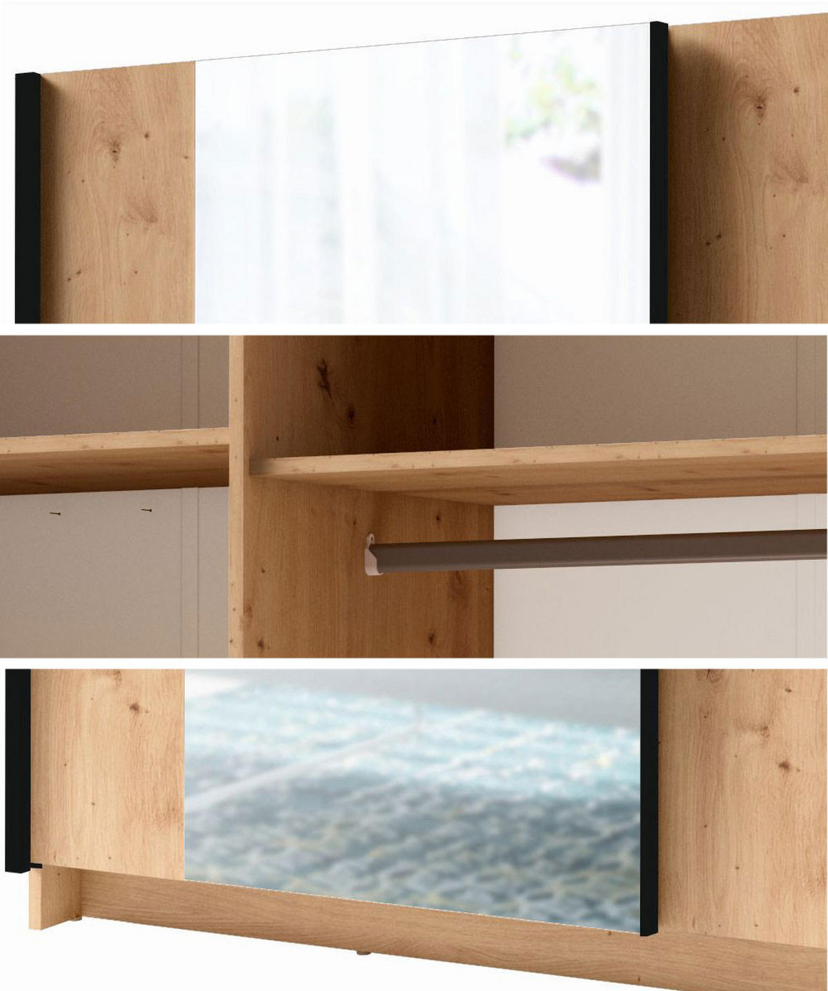 SCHWEBETÜRENSCHRANK Gozo Artisan Eiche / Spiegel 180 / 62 / 198cm - Schwarz/Eiche Artisan, Glas/Holz (180/198/62cm) - Feldmann-Wohnen